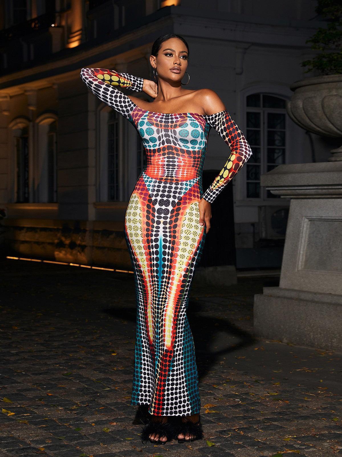 Ishi Off Shoulder Maxi Dress in Multi, featuring a stylish long sleeve design, ideal for garden parties and summer occasions.
