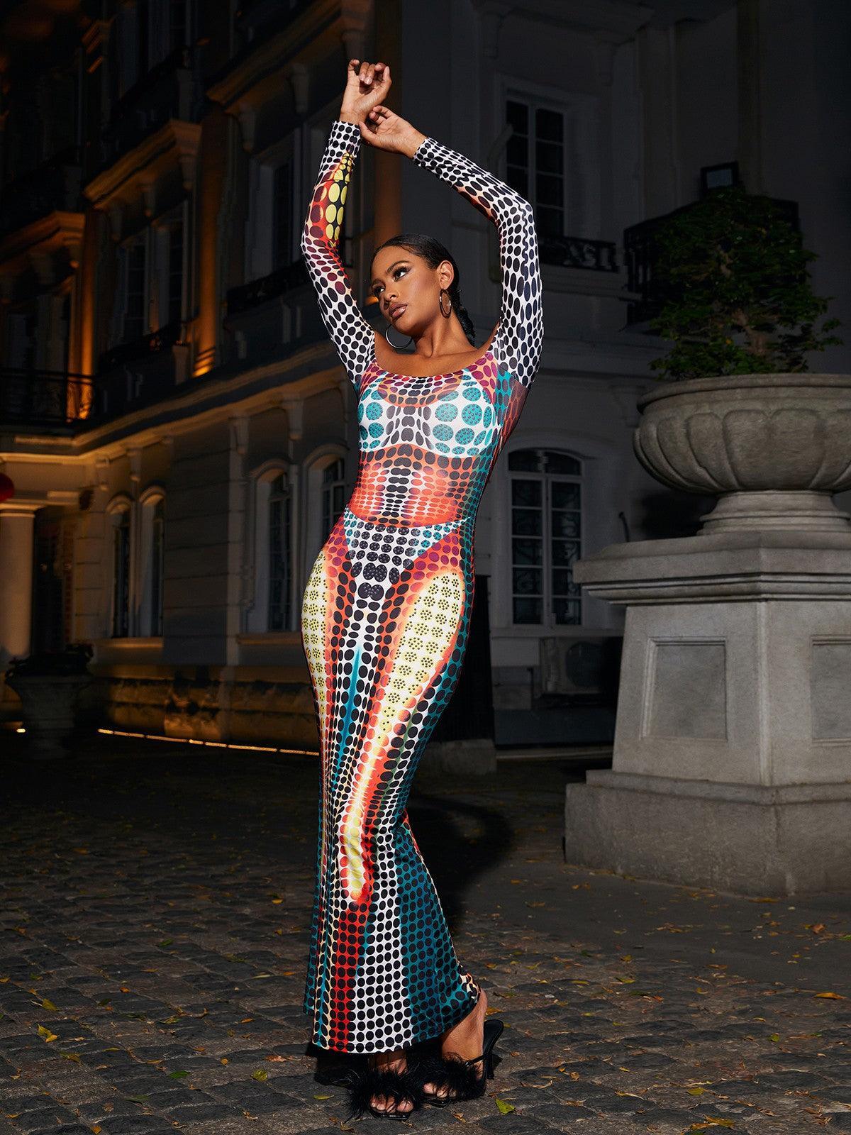 Ishi Off Shoulder Maxi Dress in Multi, featuring a stylish long sleeve design, ideal for garden parties and summer occasions.