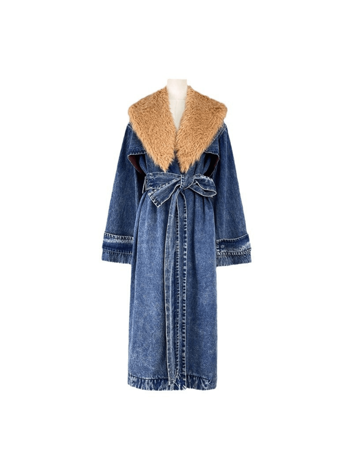 Ishtar Faux Fur Collar Denim Coat in blue for women, stylish winter outerwear with a cozy faux fur collar.