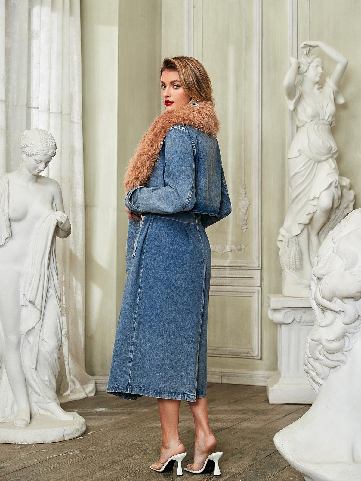 Ishtar Faux Fur Collar Denim Coat in blue for women, stylish winter outerwear with a cozy faux fur collar.