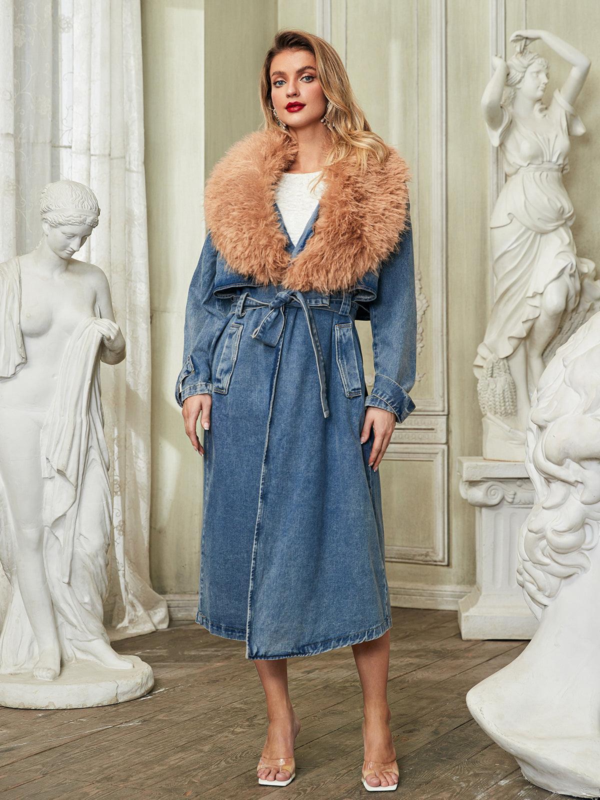 Ishtar Faux Fur Collar Denim Coat in blue for women, stylish winter outerwear with a cozy faux fur collar.