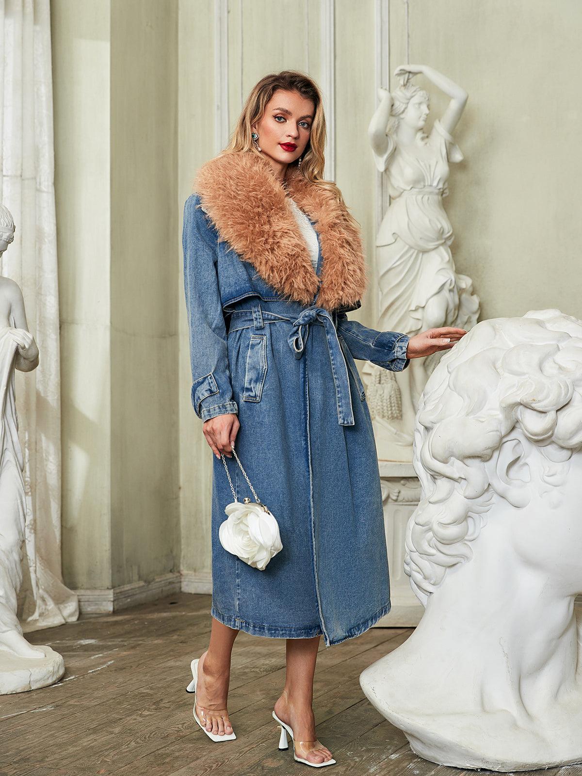 Ishtar Faux Fur Collar Denim Coat in blue for women, stylish winter outerwear with a cozy faux fur collar.