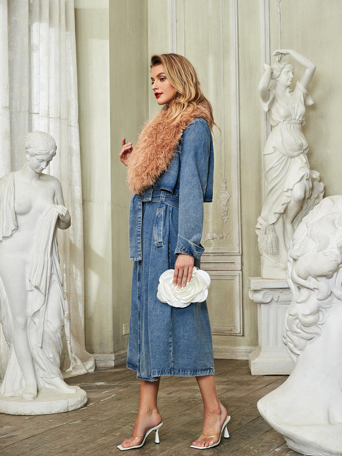 Ishtar Faux Fur Collar Denim Coat in blue for women, stylish winter outerwear with a cozy faux fur collar.