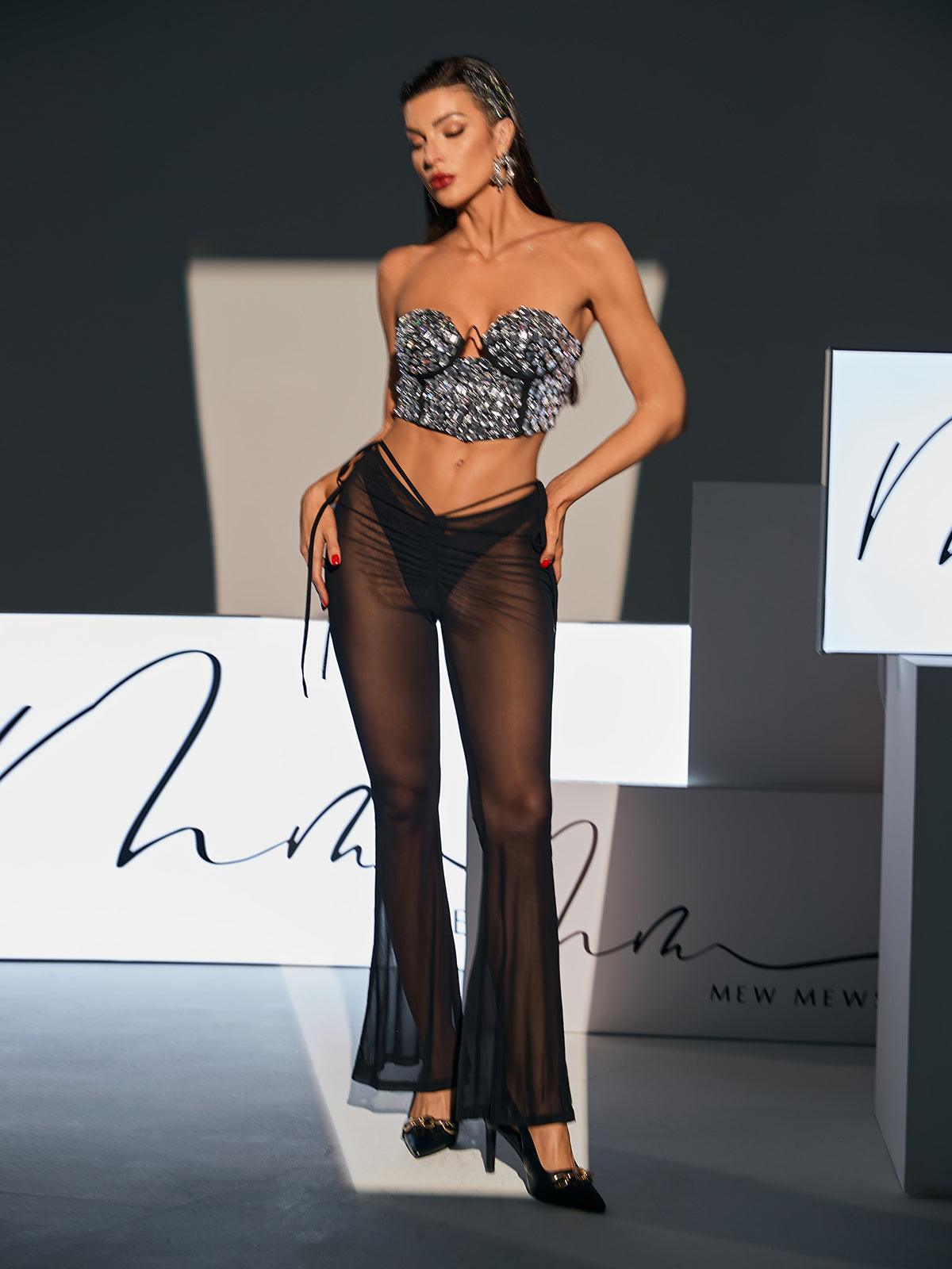 Elegant Izaiah Rhinestone Crop Bandage Top in silver, showcasing a trendy design with rhinestone embellishments.