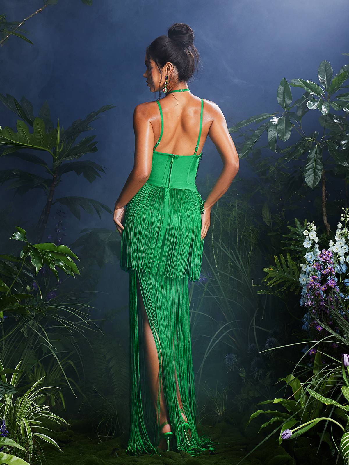 Izumi Fringe Bandage Maxi Dress in green, featuring stylish fringe detailing and a flattering silhouette for evening events.
