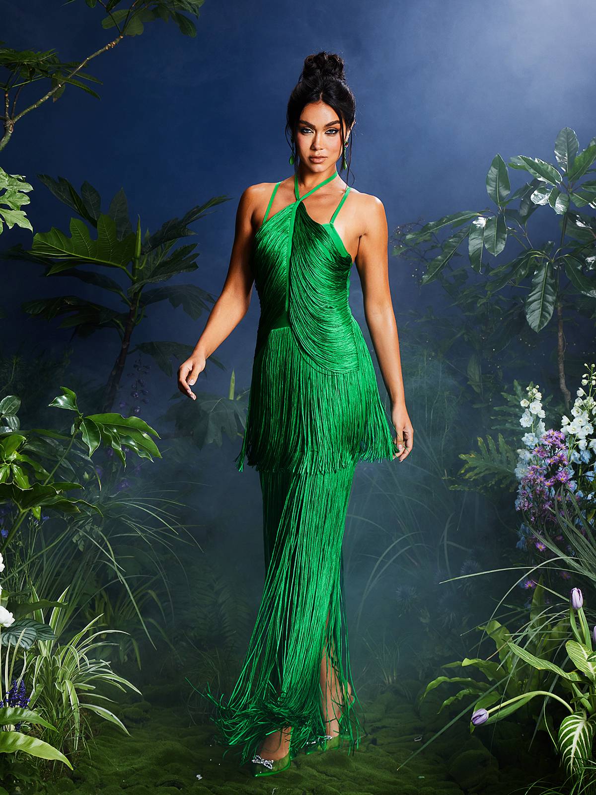 Izumi Fringe Bandage Maxi Dress in green, featuring stylish fringe detailing and a flattering silhouette for evening events.