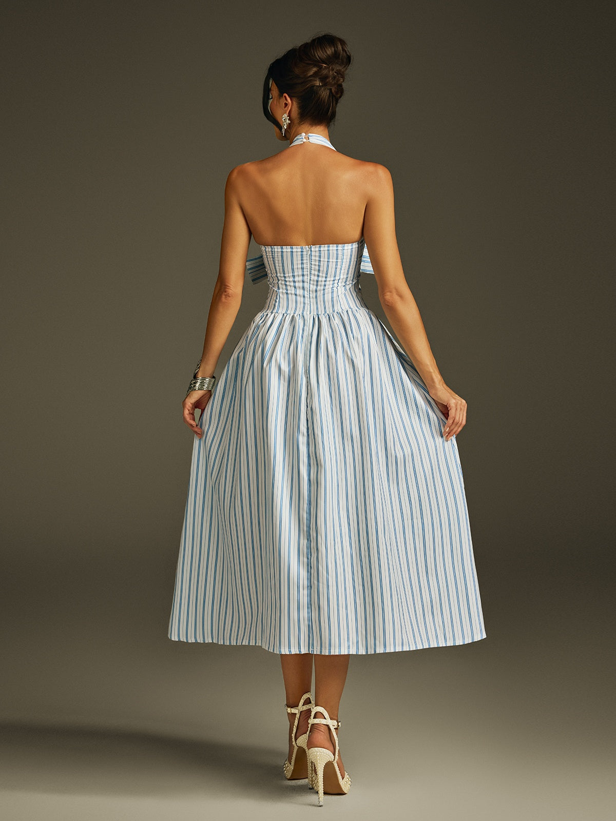 Izvara Halterneck Bow Stripe Midi Dress