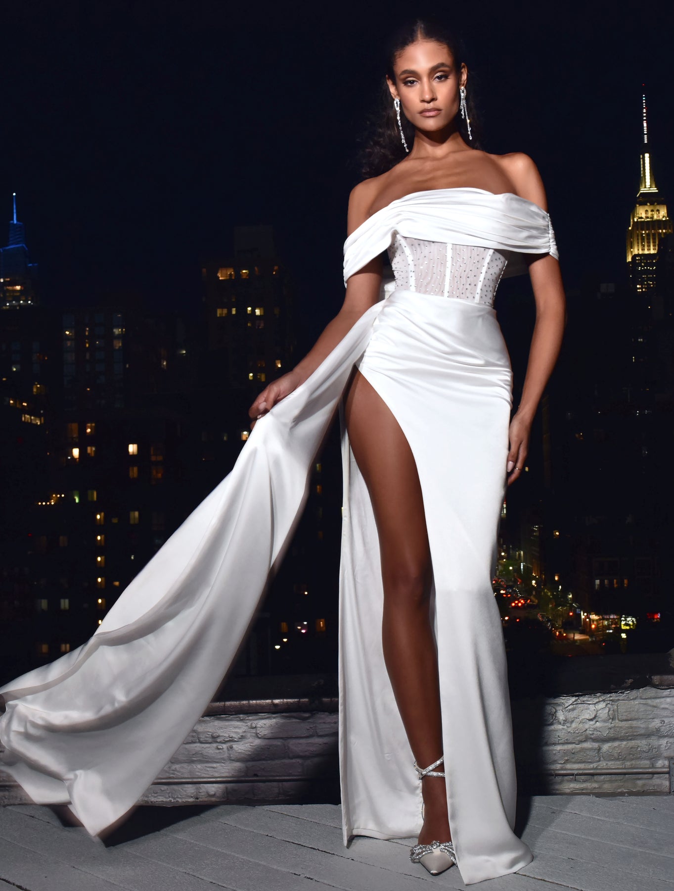Off-shoulder Long Slit White Bandage Dress
