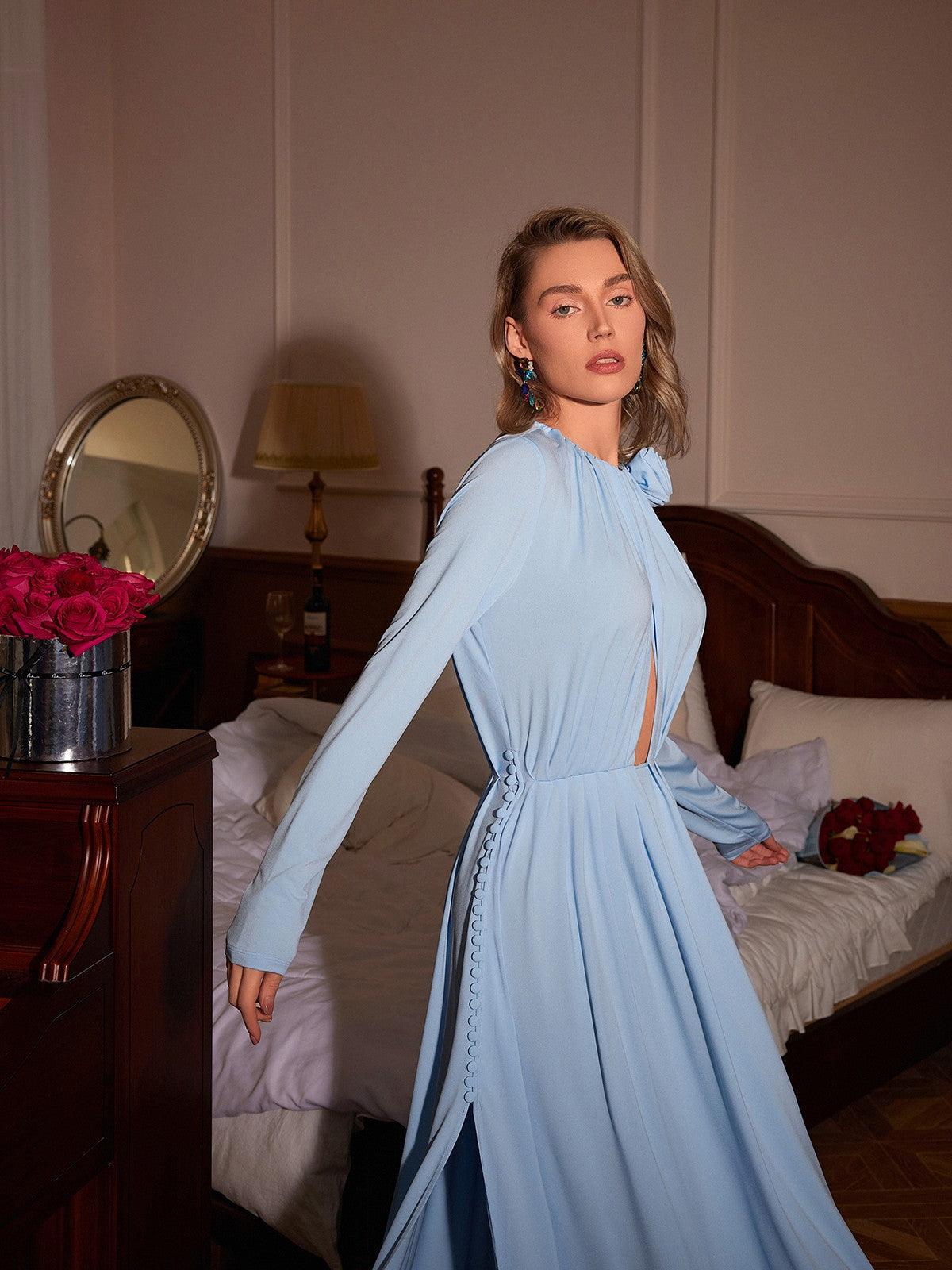 Elegant Jacob Flower Ruched Hollow Split Dress in blue with floral design, featuring long sleeves and a flattering split hem.