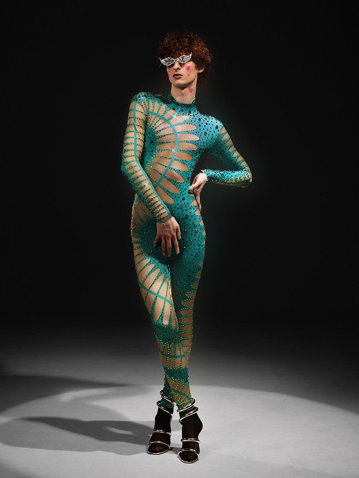 Jadon Hollow Printed Rhinestone Jumpsuit in lake blue, featuring unique hollow print and elegant rhinestone embellishments.