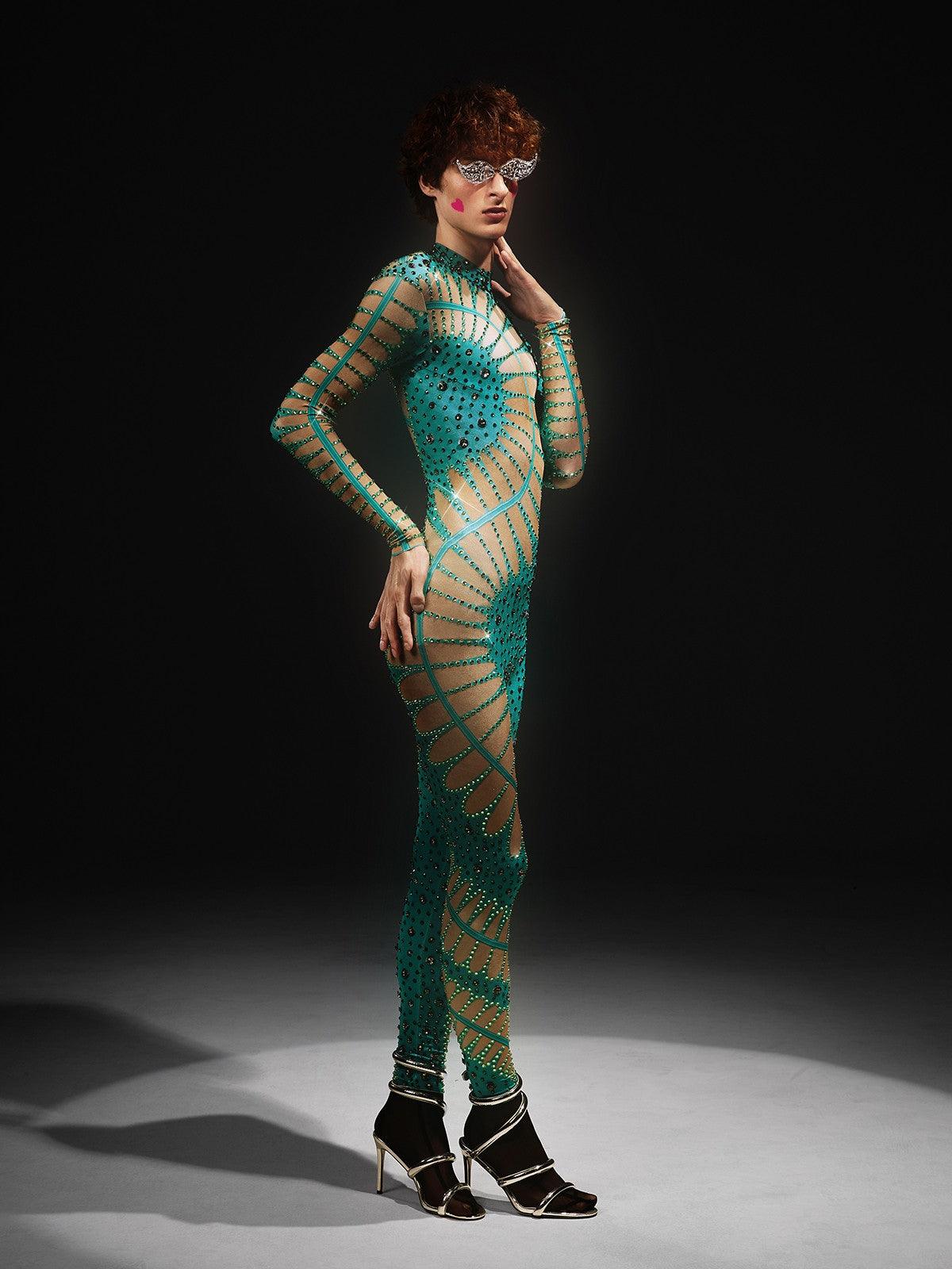 Jadon Hollow Printed Rhinestone Jumpsuit in lake blue, featuring unique hollow print and elegant rhinestone embellishments.