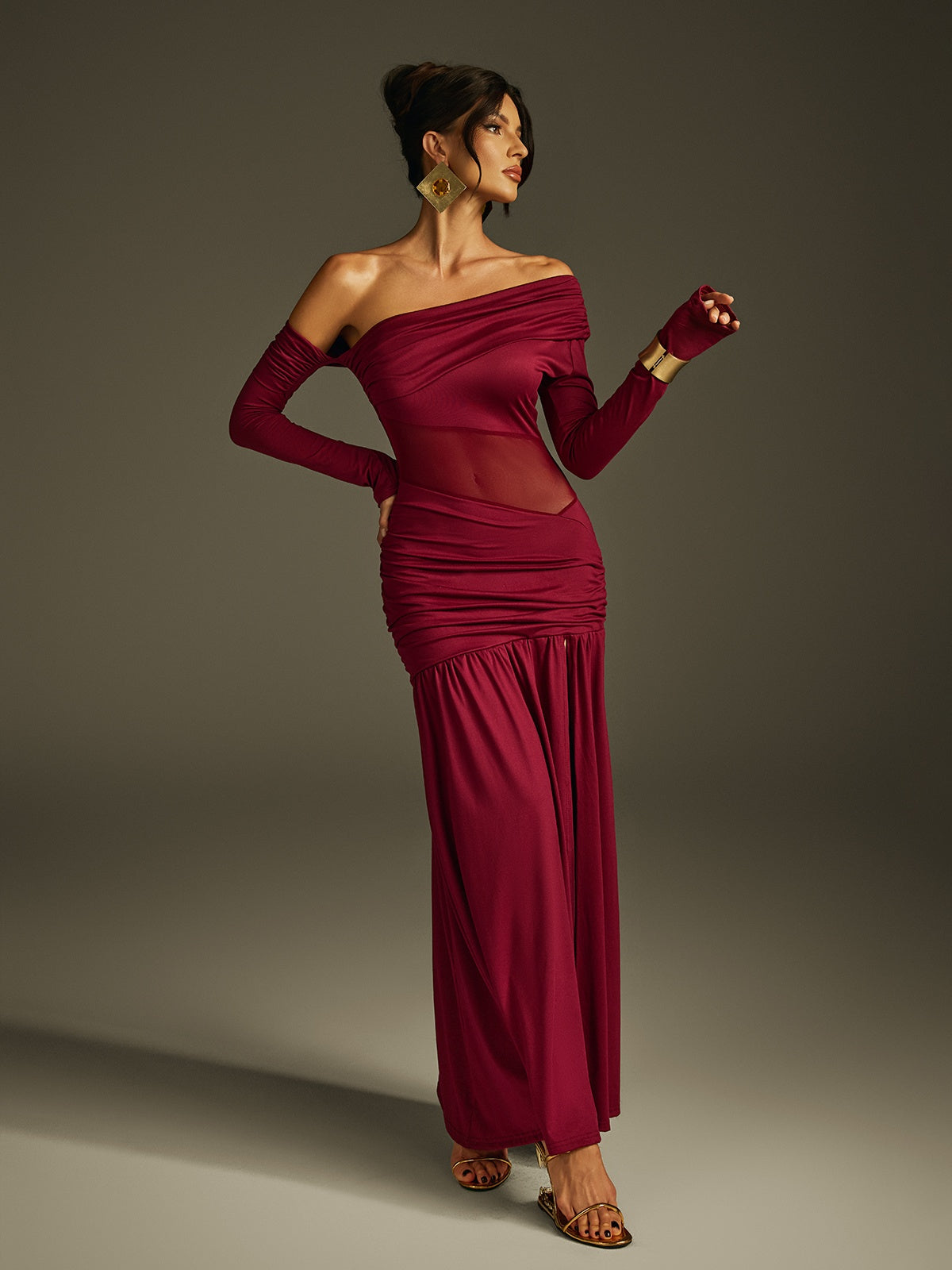 Jaelys One Shoulder Split Ruched Maxi Dress