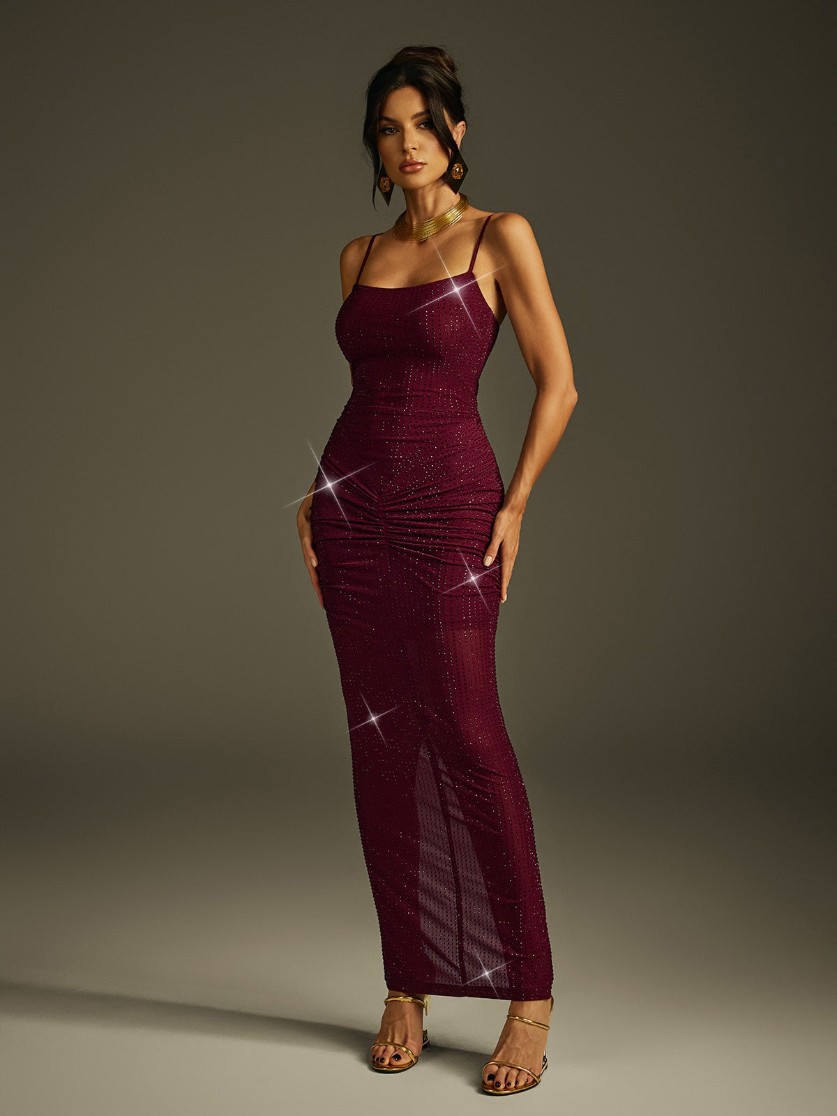 Jaeris Spaghetti Rhinestone Split Maxi Dress
