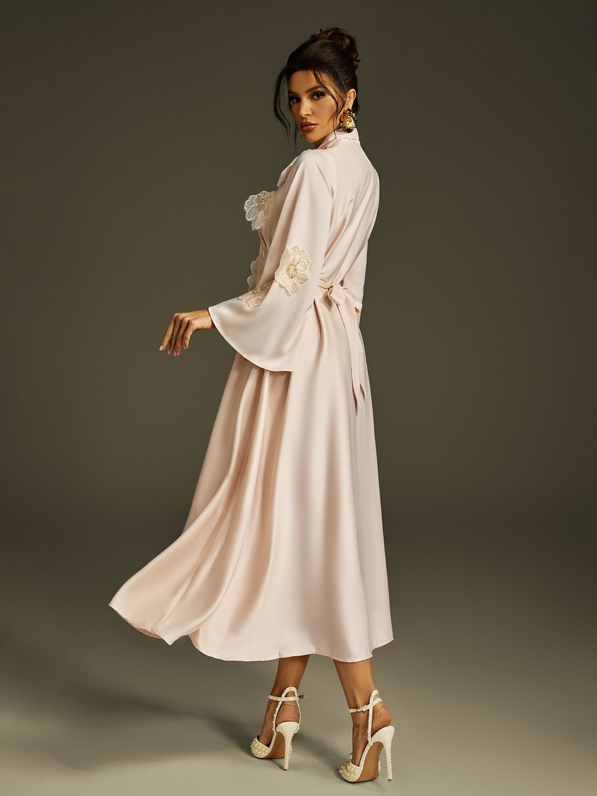 Jaldrix Tie Up Flower Satin Maxi Dress In Apricot