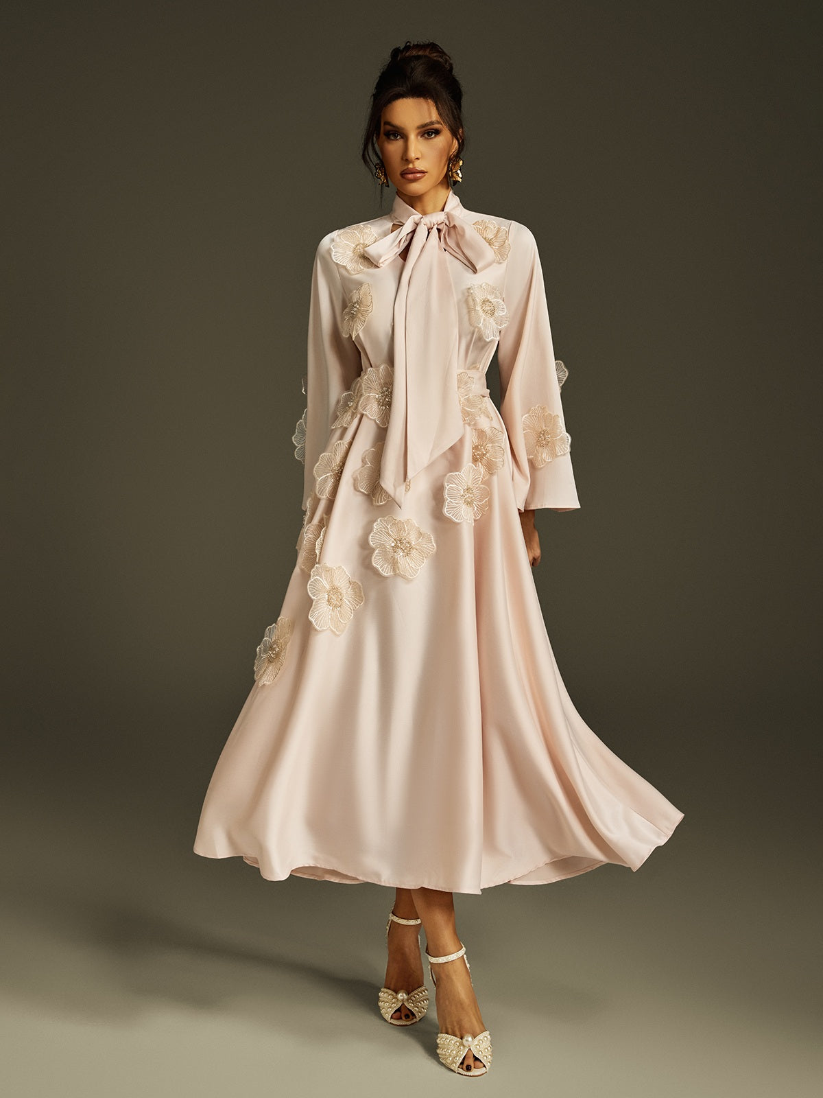 Jaldrix Tie Up Flower Satin Maxi Dress In Apricot