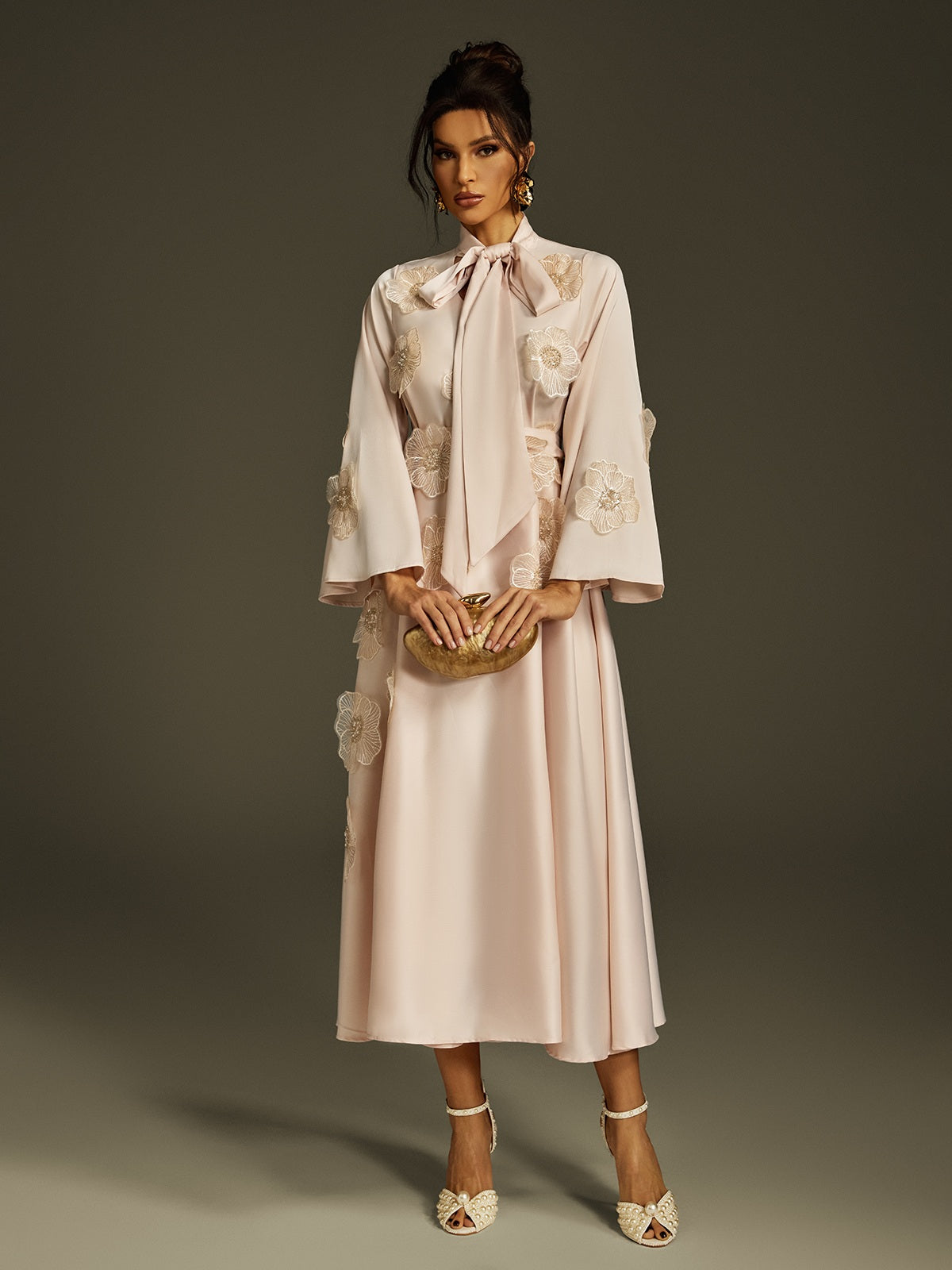Jaldrix Tie Up Flower Satin Maxi Dress In Apricot
