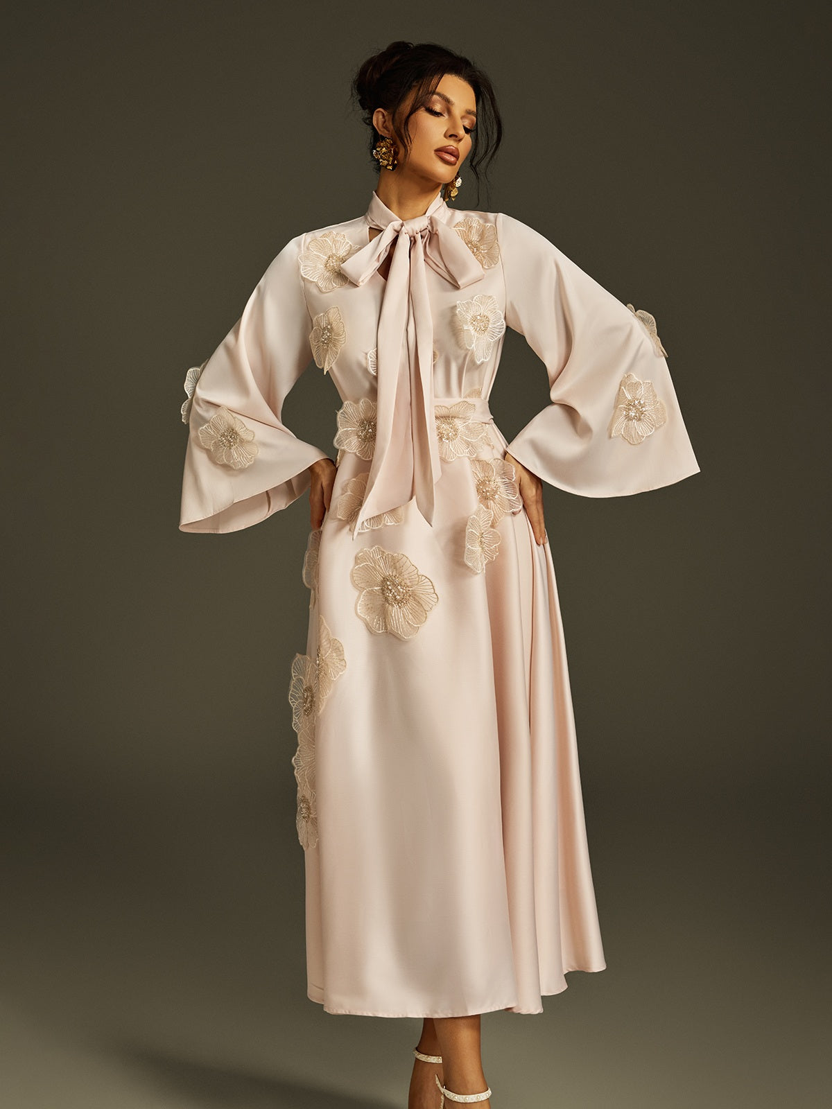 Jaldrix Tie Up Flower Satin Maxi Dress In Apricot