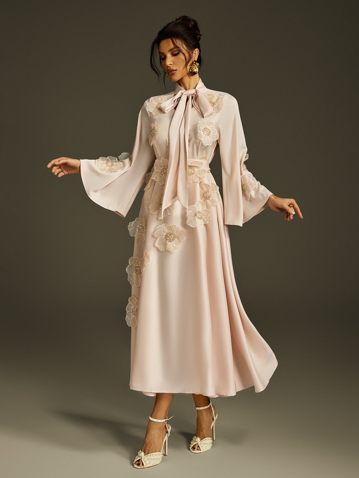 Jaldrix Tie Up Flower Satin Maxi Dress In Apricot