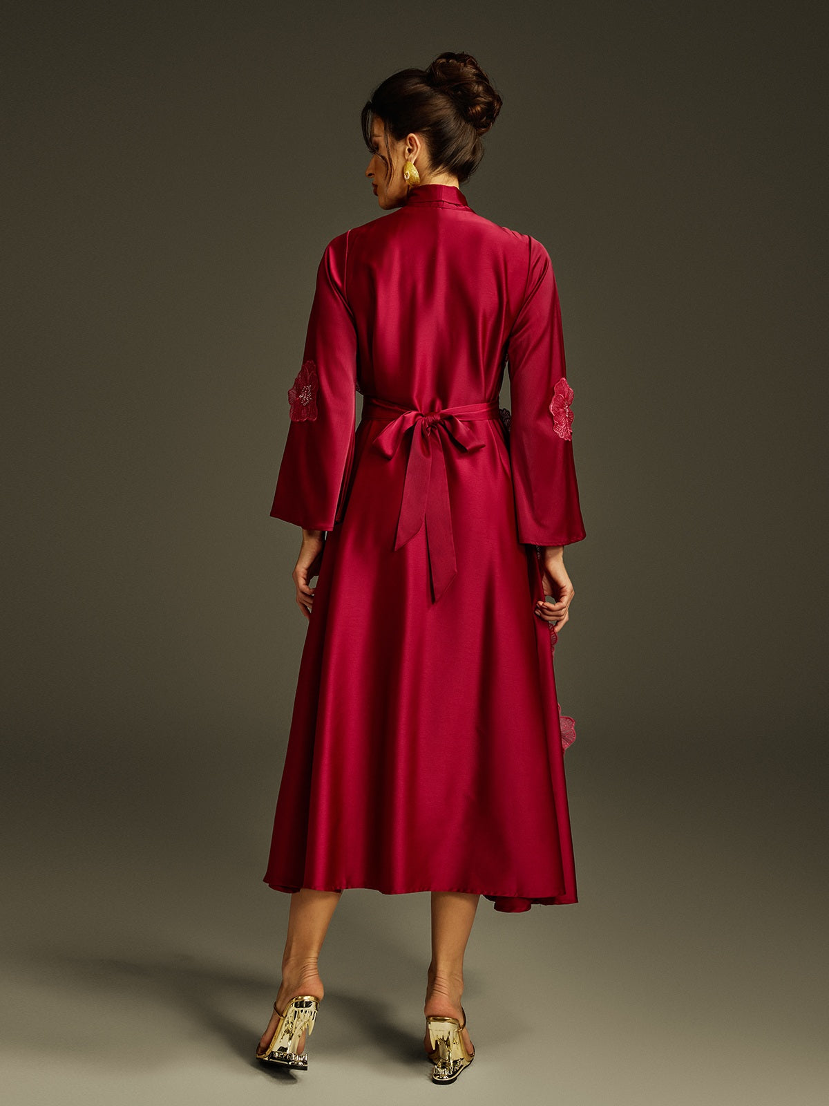 Jaldrix Tie Up Flower Satin Maxi Dress In Wine