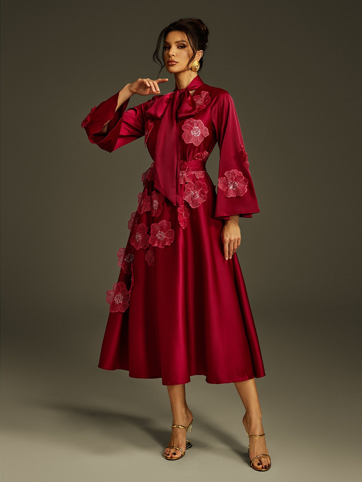 Jaldrix Tie Up Flower Satin Maxi Dress In Wine
