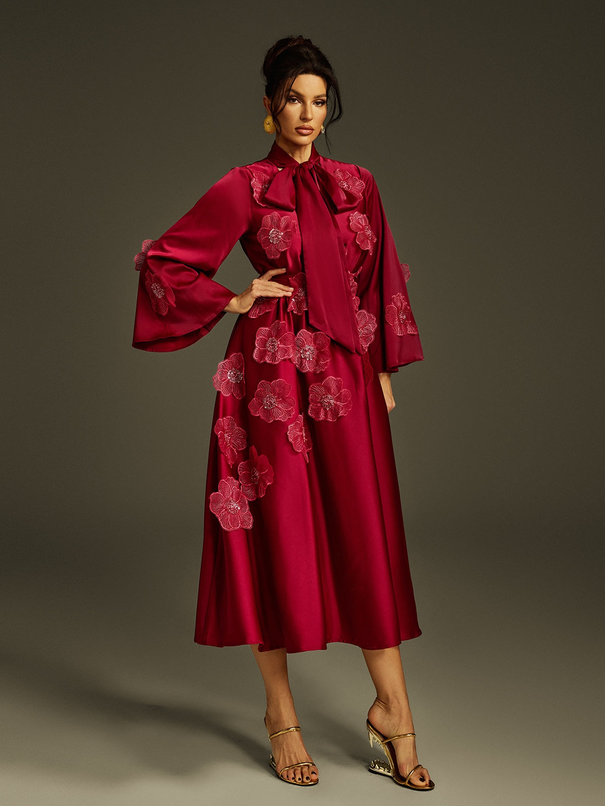 Jaldrix Tie Up Flower Satin Maxi Dress In Wine