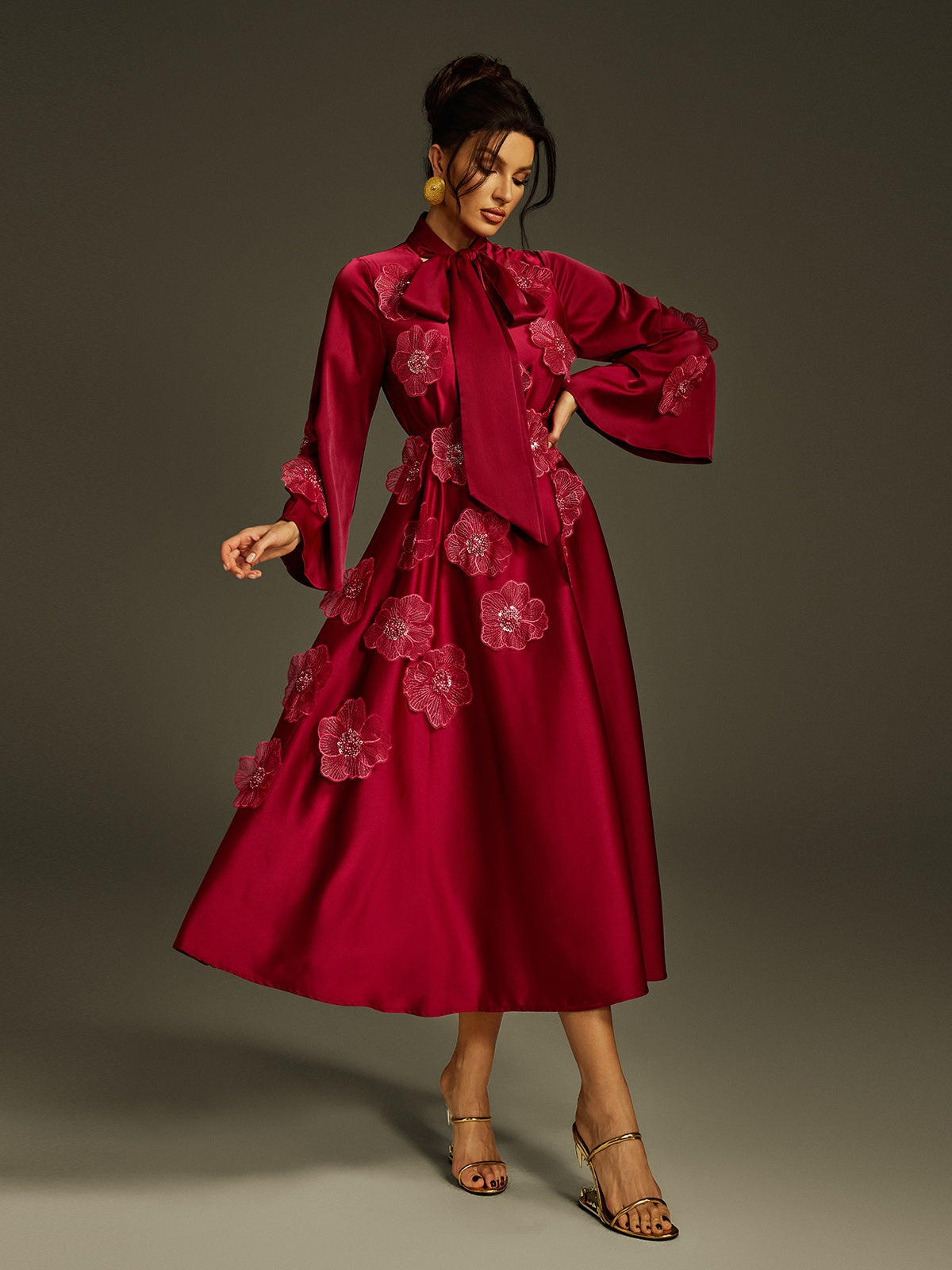 Jaldrix Tie Up Flower Satin Maxi Dress In Wine