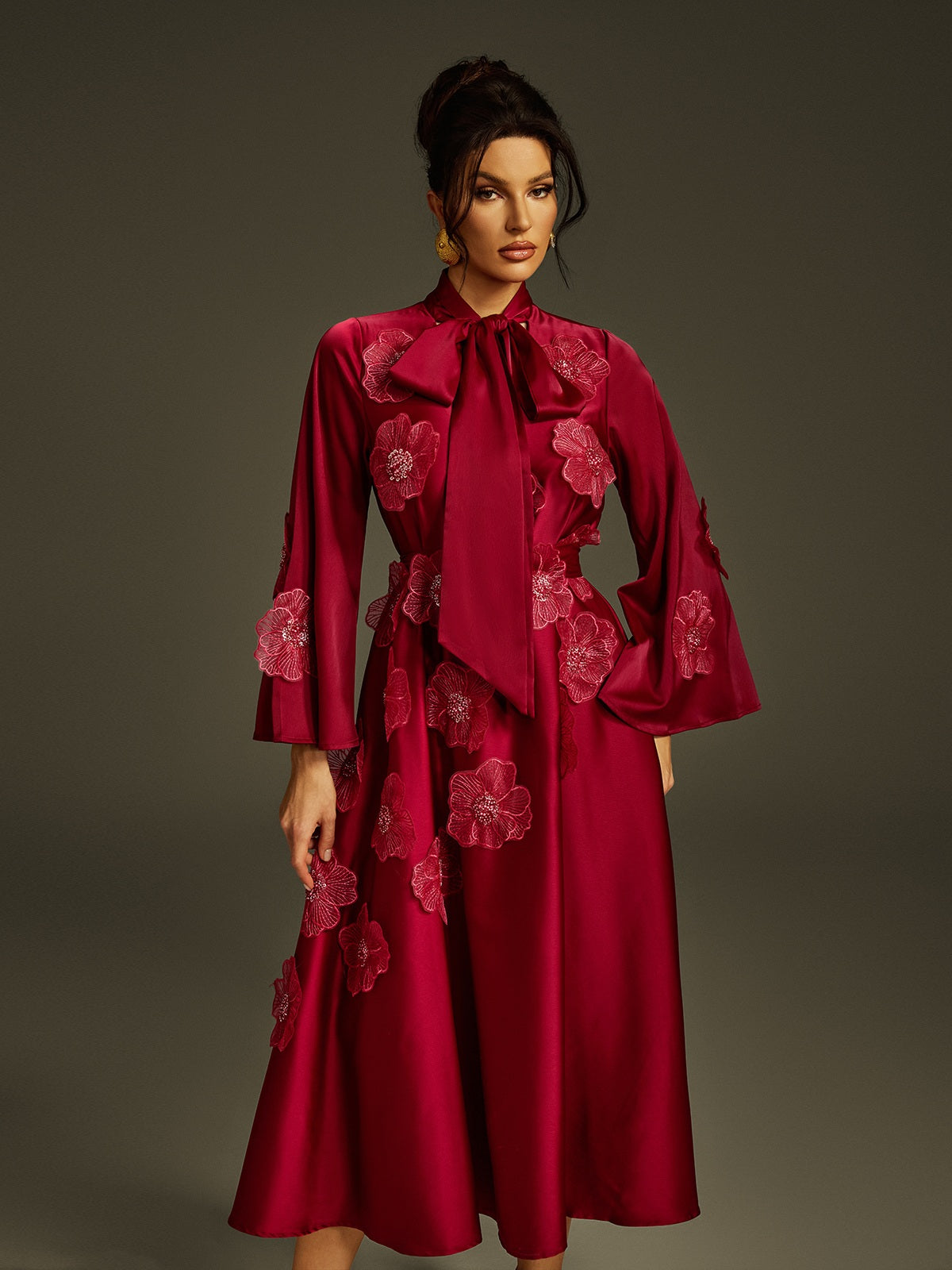 Jaldrix Tie Up Flower Satin Maxi Dress In Wine