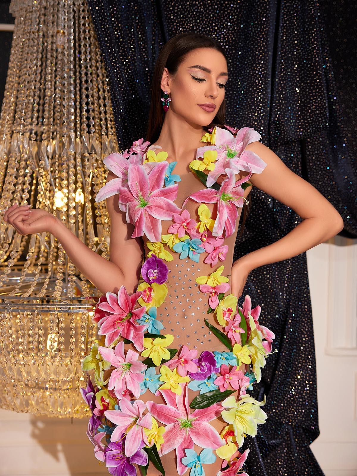 Jamshid sleeveless floral dress featuring rhinestone embellishments and lightweight mesh, ideal for elegant parties and special occasions.