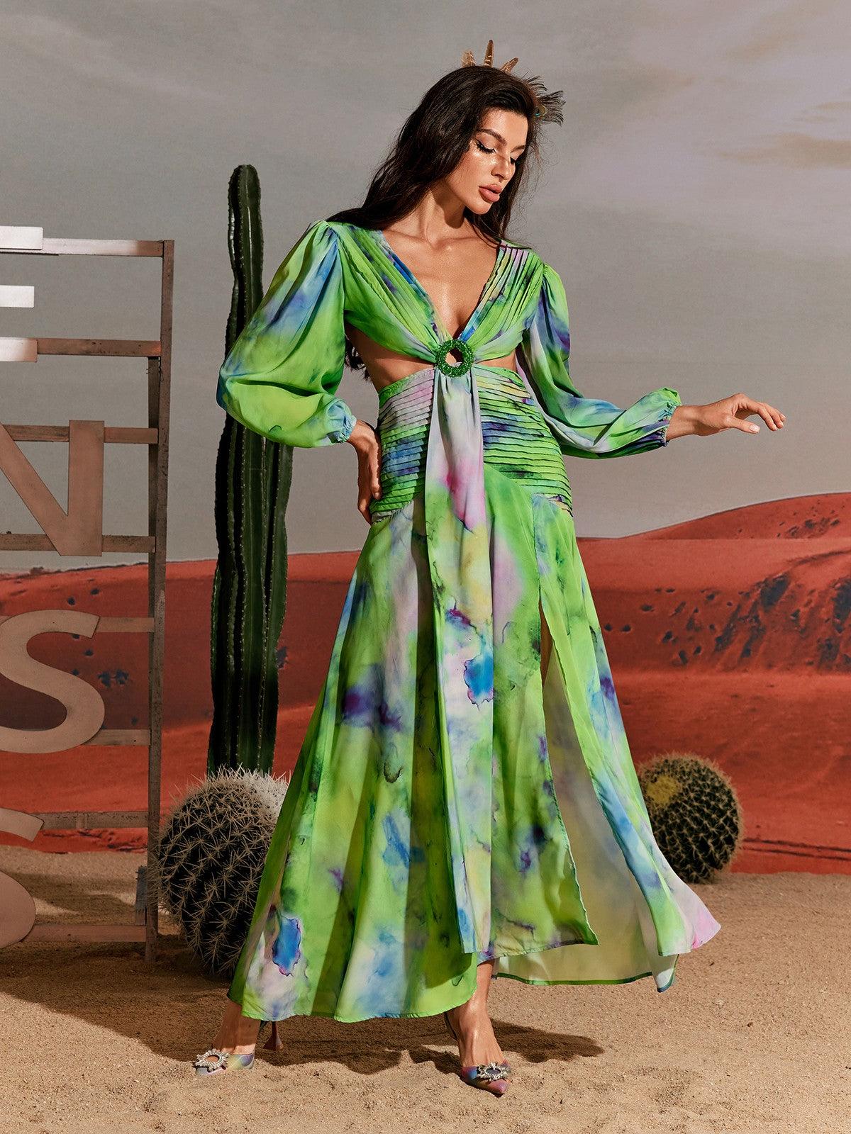 Janay Printed Cutout Maxi Dress in green with long sleeves and a split, perfect for vacation or elegant events.