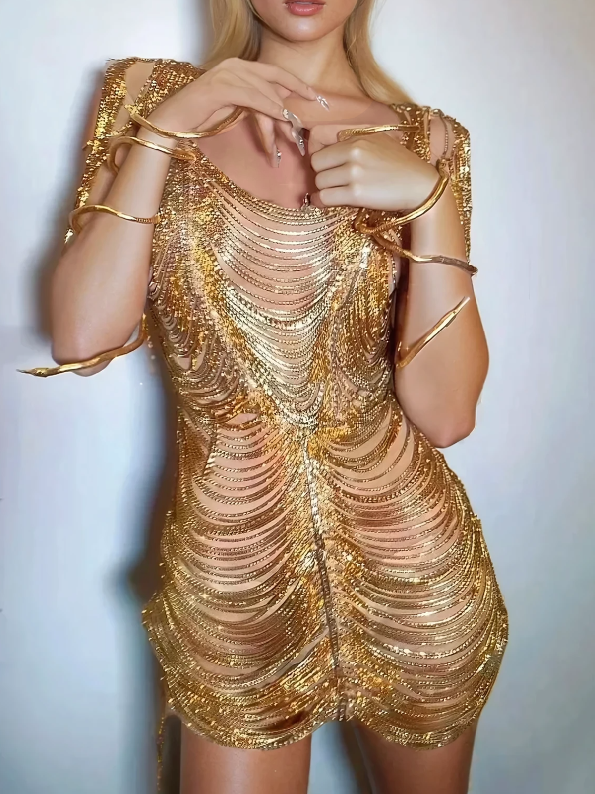 Janison Diamond Chain Mesh Mini Dress In Gold