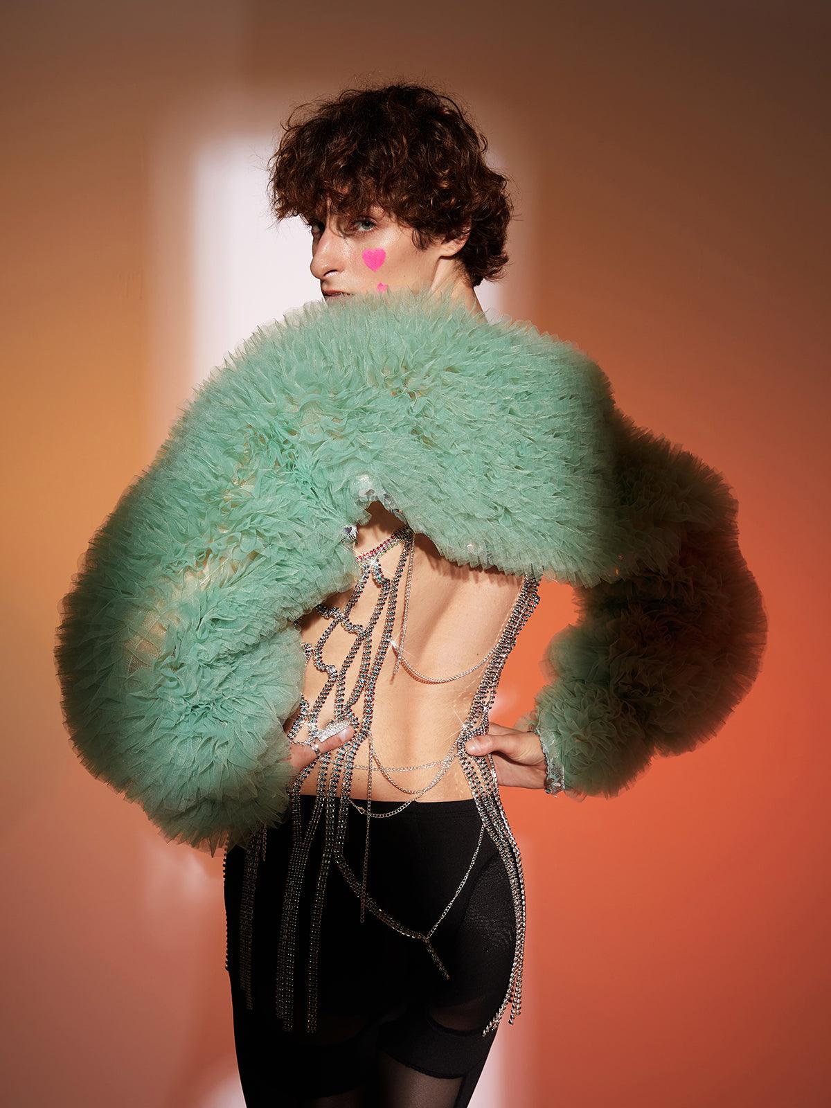 Jasiel Ruched Tulle Shrug in green, lightweight and stylish, ideal for weddings and galas.