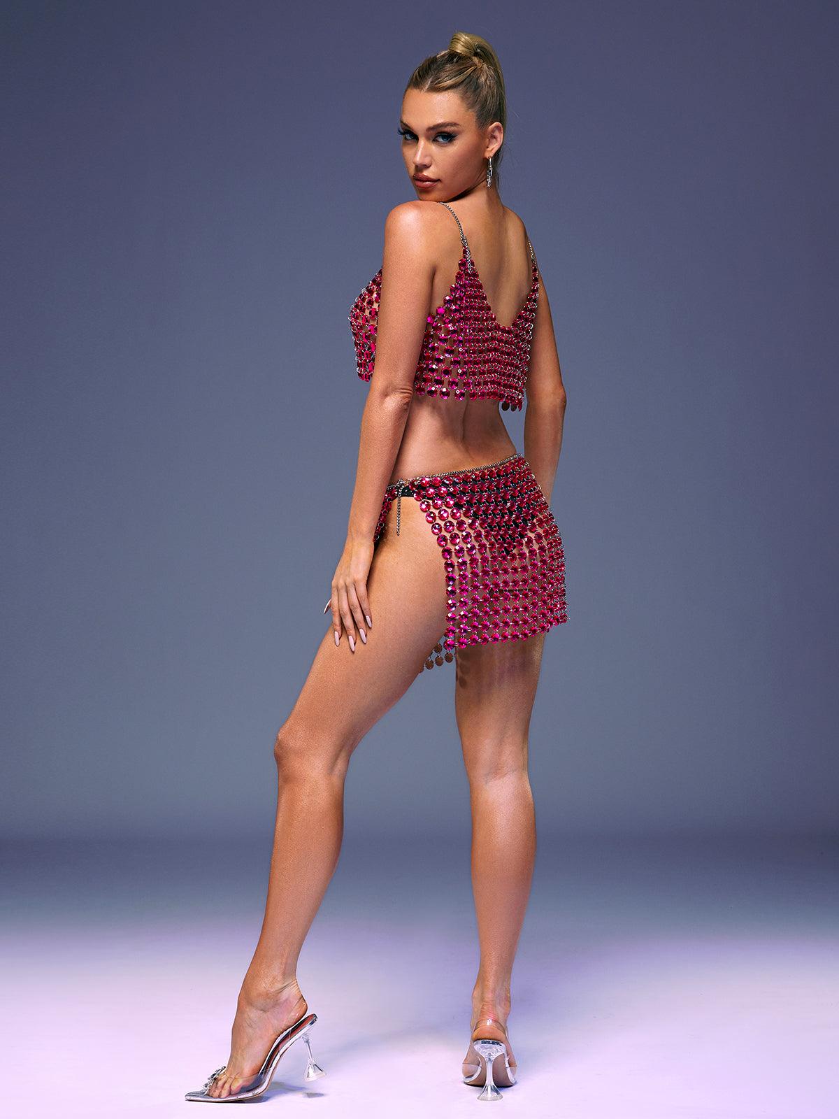 Jaslynn Chainmail Skirt Set in vibrant hot pink, showcasing a stylish mini skirt and spaghetti strap top, perfect for evening wear.