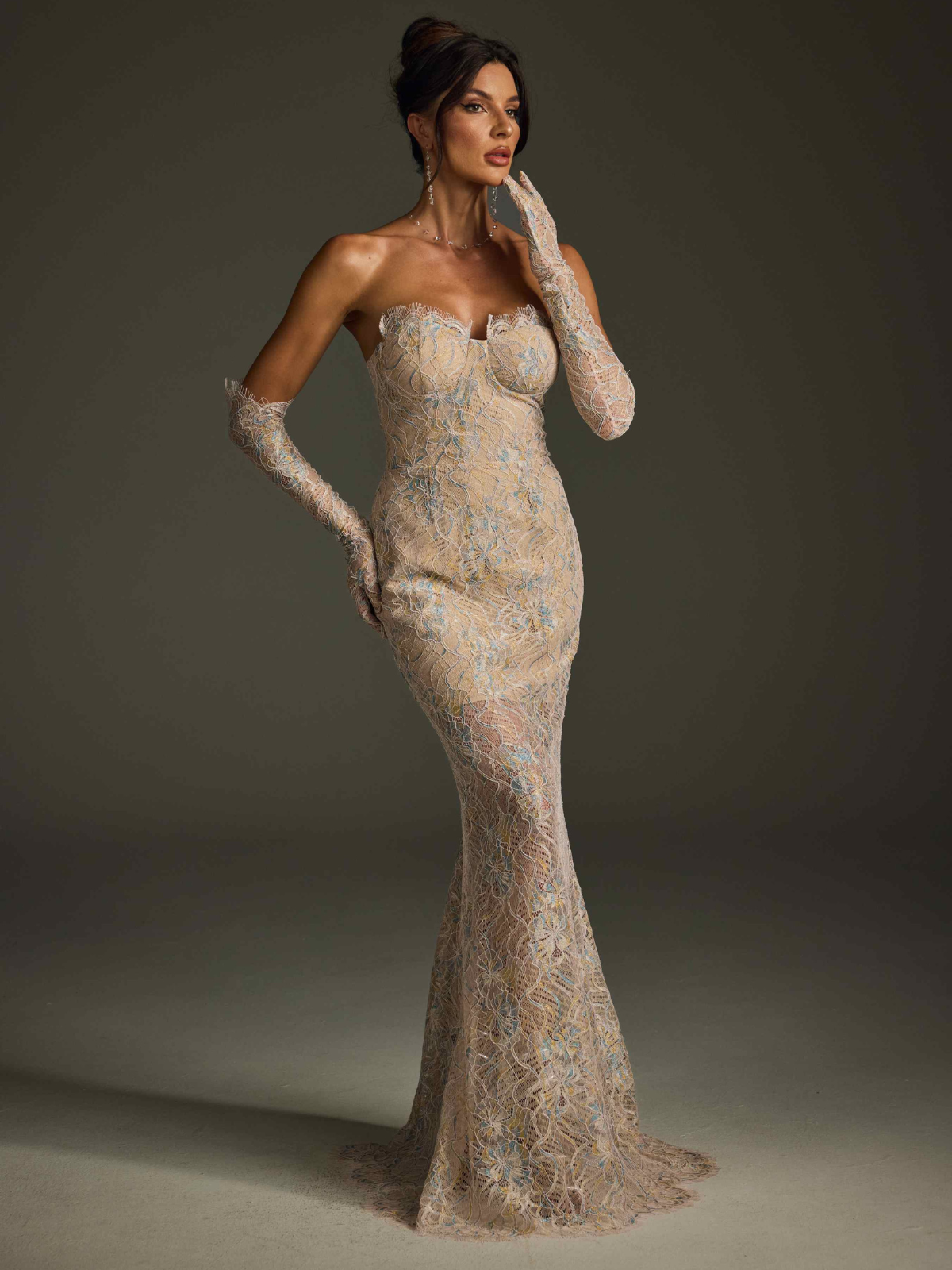 Javion Strapless Lace Floral Maxi Dress In Apricot