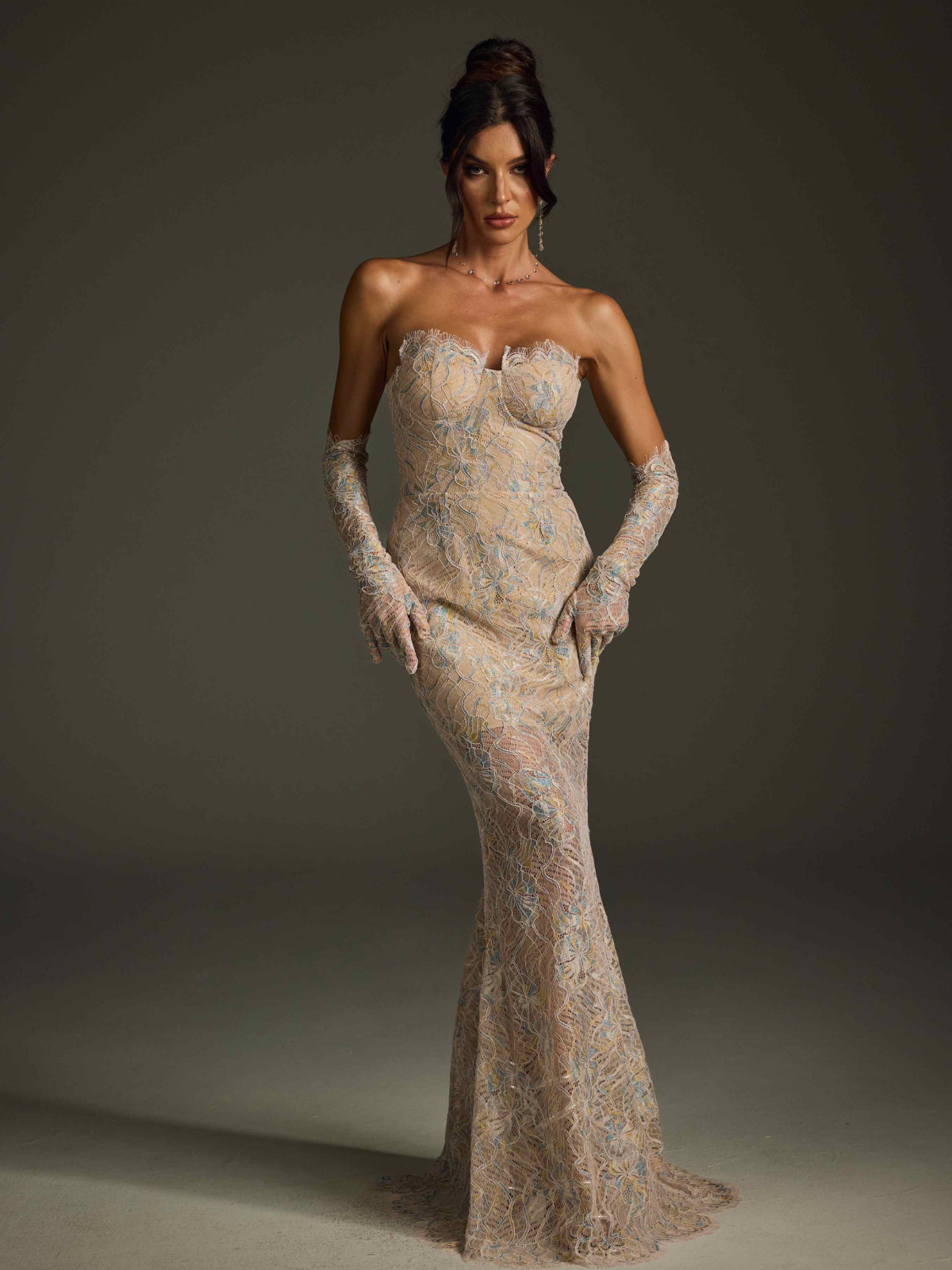 Javion Strapless Lace Floral Maxi Dress In Apricot
