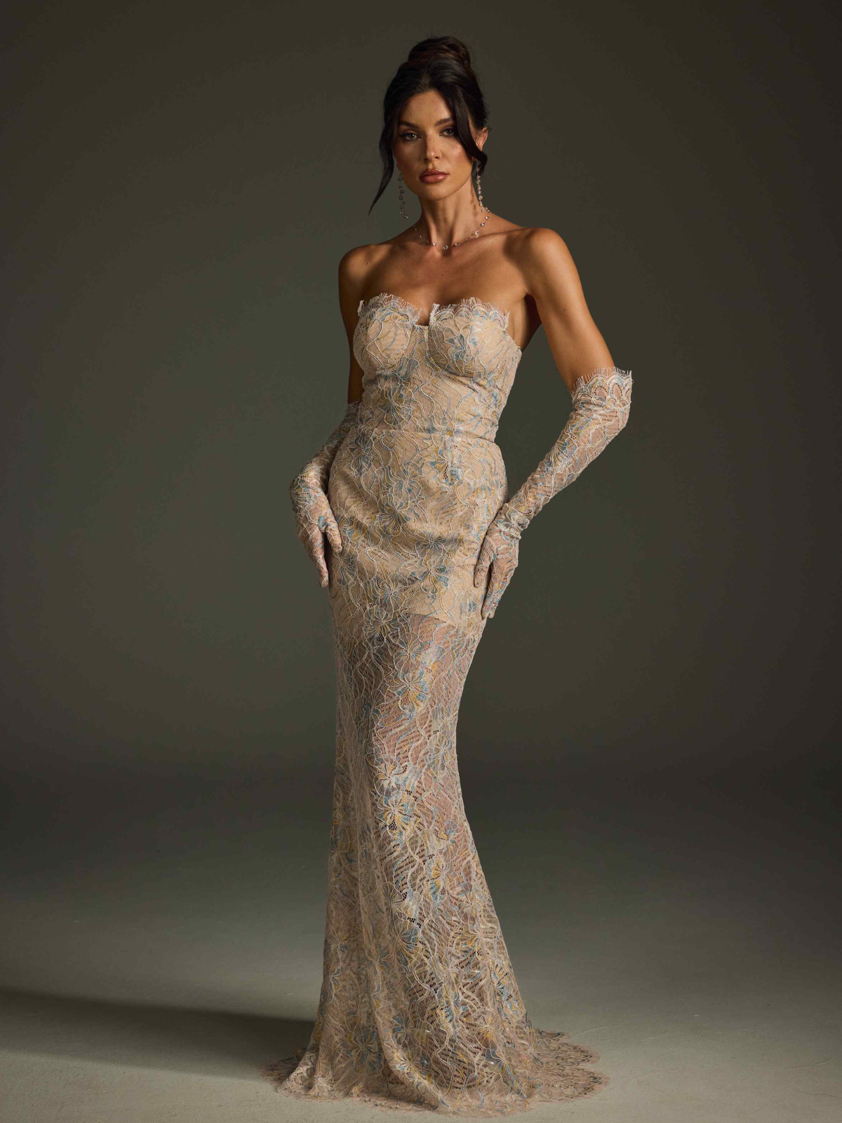 Javion Strapless Lace Floral Maxi Dress In Apricot