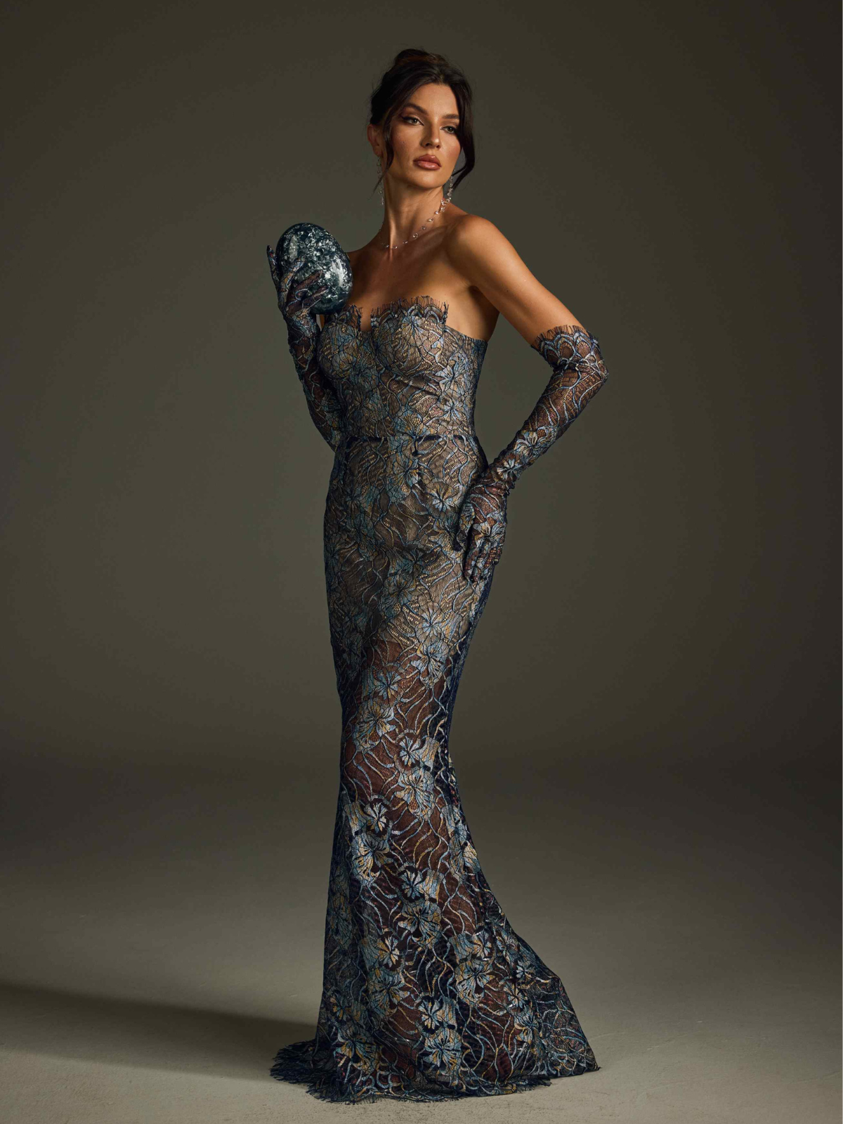 Javion Strapless Lace Floral Maxi Dress In Navy