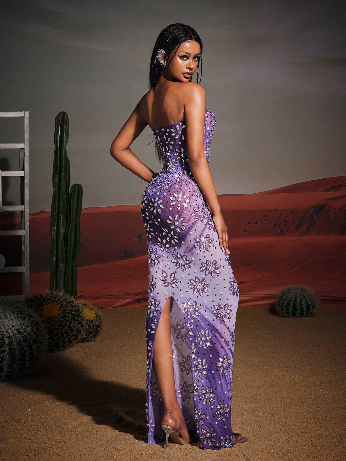 Elegant Jaylen Strapless Floral Rhinestone Maxi Dress in purple, showcasing stunning floral patterns and rhinestone details.