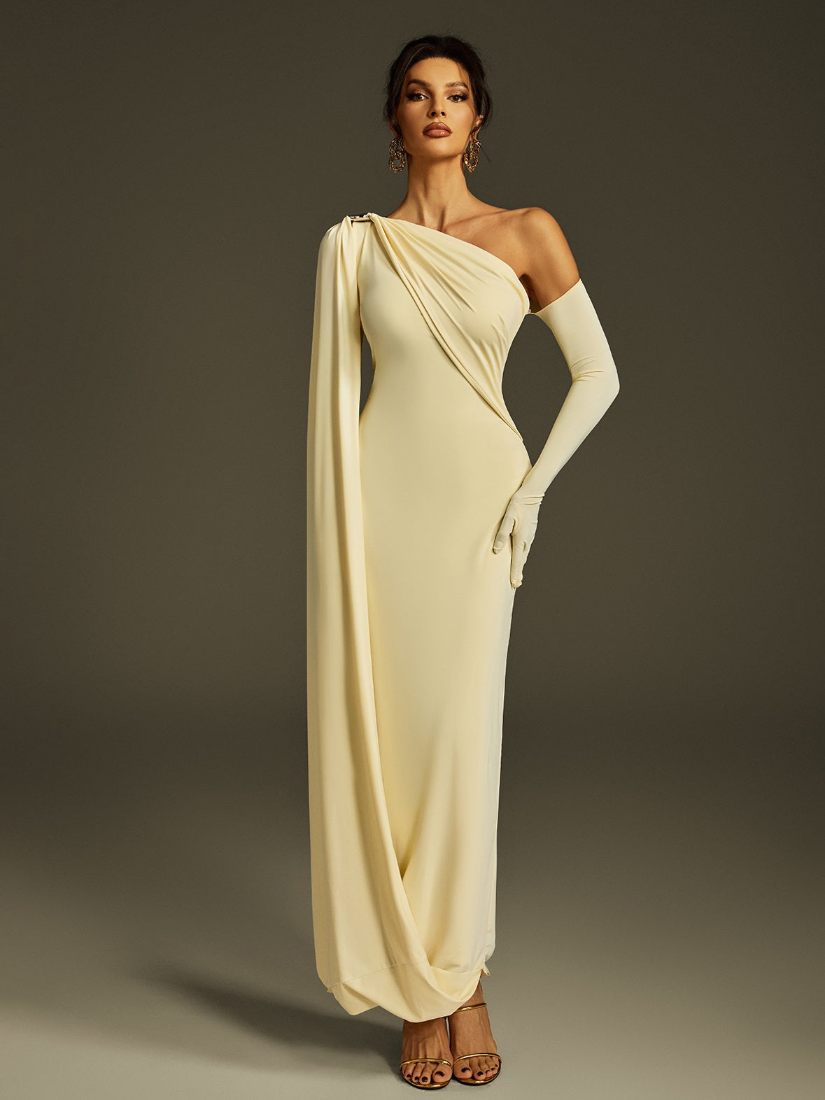 Jehiel One Shoulder Draped Maxi Dress In Butter Yellow