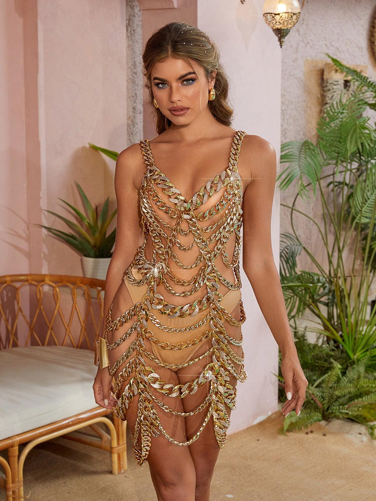 Jericho Hollow Chain Link Dress featuring a unique cutout design and elegant gold chain links, perfect for special occasions.