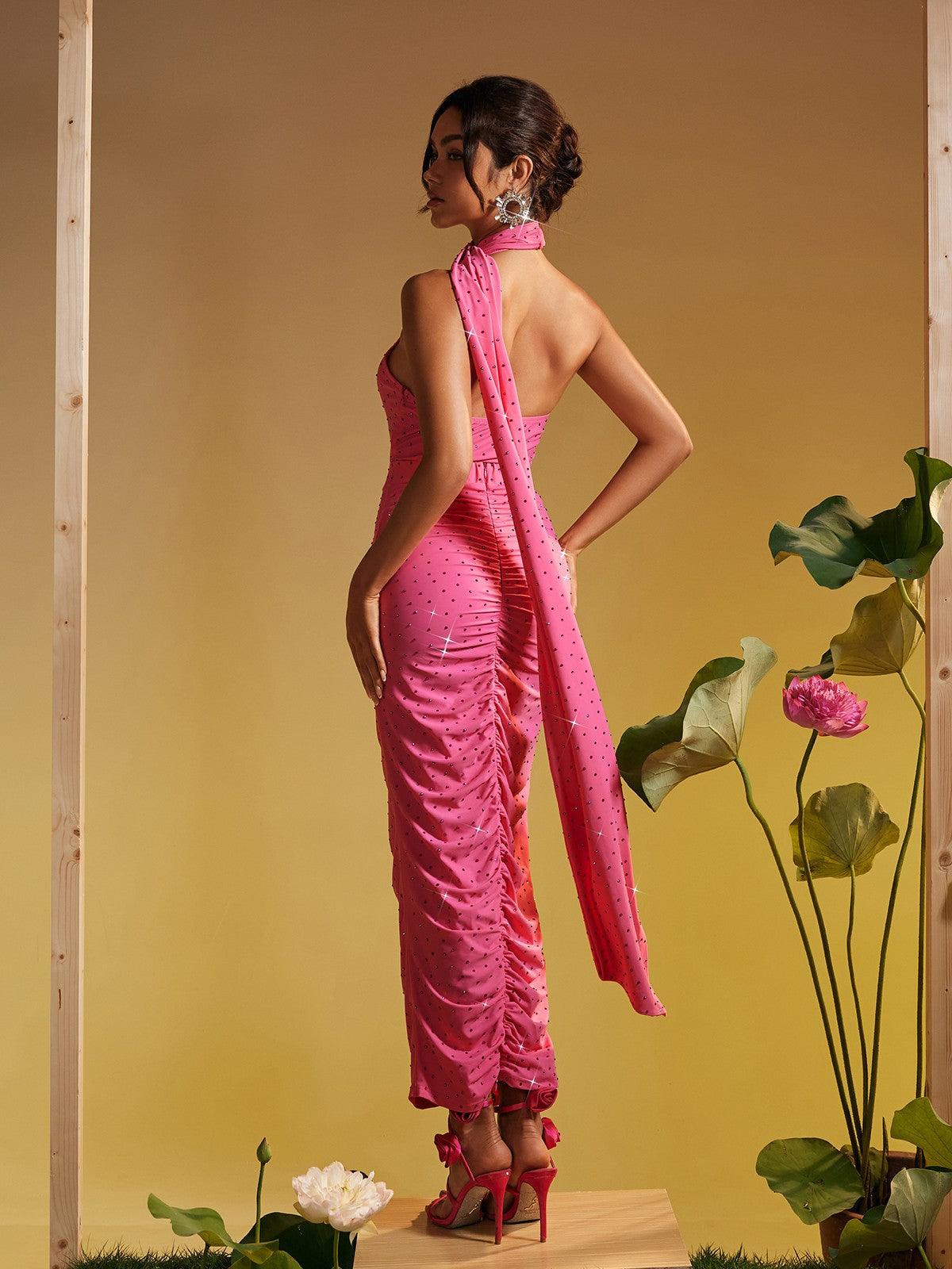 Jesiah Halterneck Crystal Draped Maxi Dress in pink, featuring elegant draping and crystal embellishments, ideal for wedding guests.