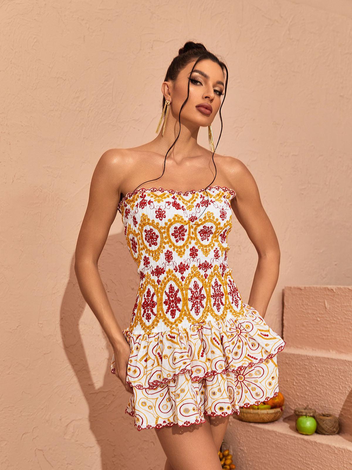 Judson Strapless Ruffle Mini Dress featuring a chic silhouette and eye-catching ruffle design, ideal for parties and casual brunches.