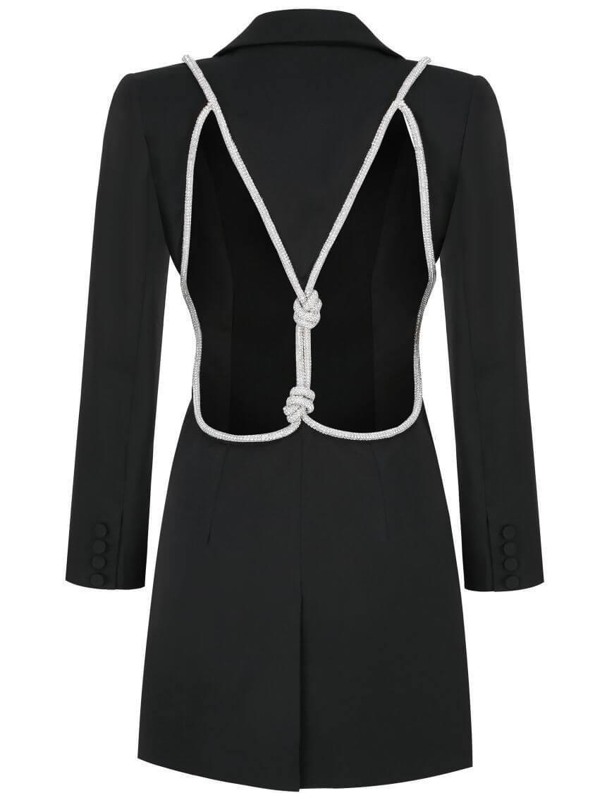 Juno Plunge Backless Blazer Dress, black, long sleeve mini dress with a daring plunge neckline and stylish cut-outs.