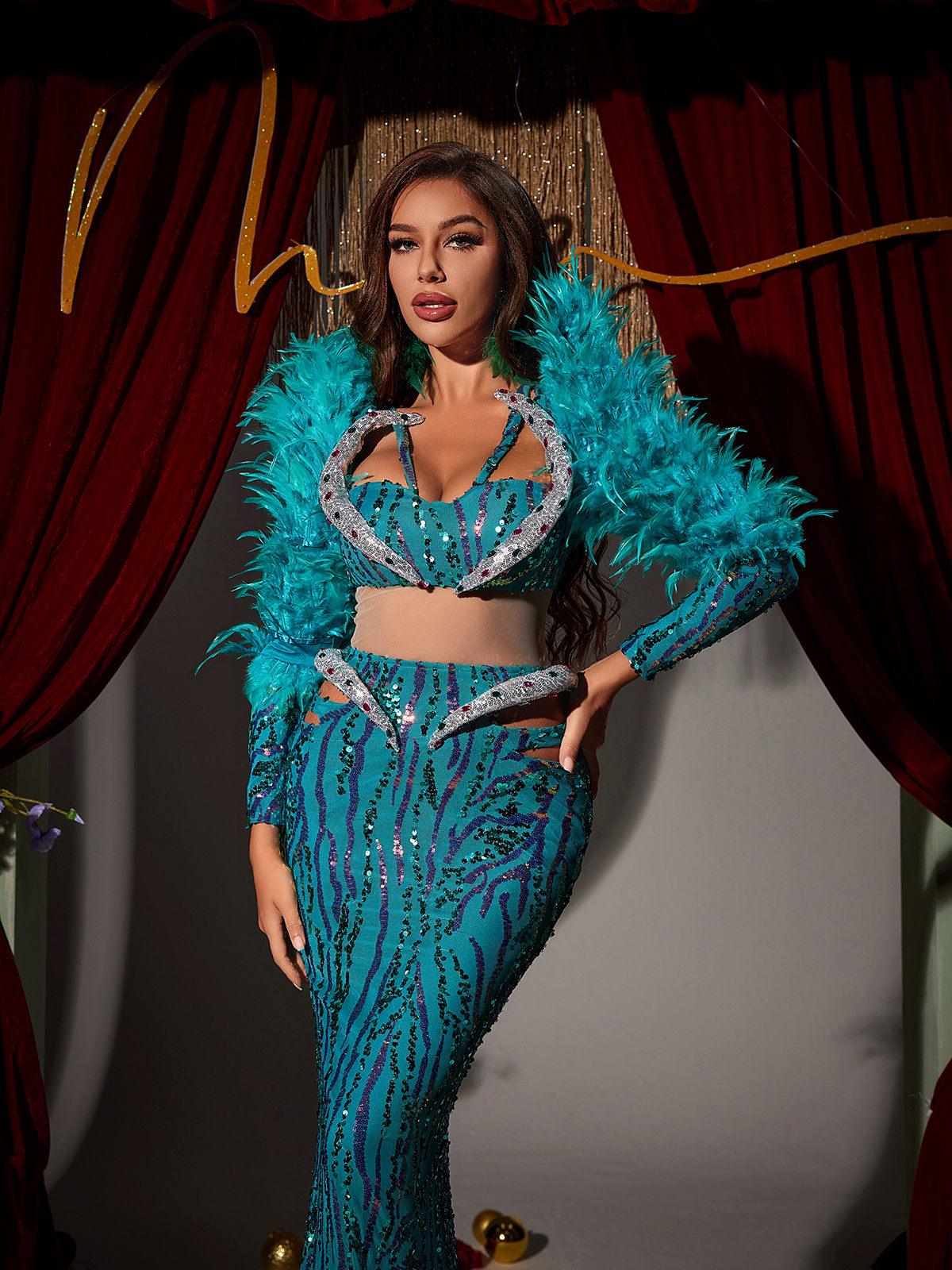 Jurin Snake Rhinestone Feather Maxi Dress featuring a luxurious snake print, rhinestones, and elegant feather details.