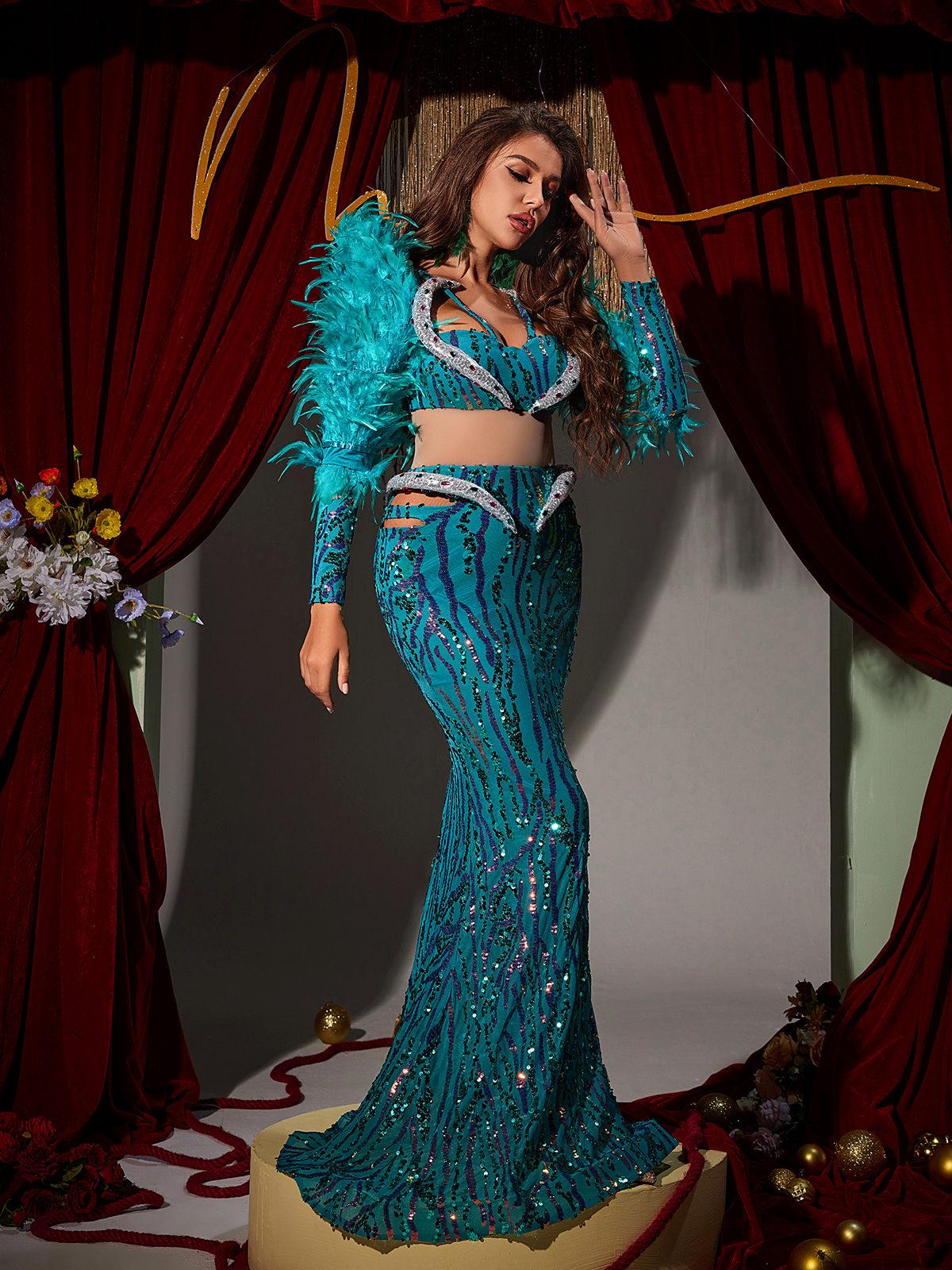 Jurin Snake Rhinestone Feather Maxi Dress featuring a luxurious snake print, rhinestones, and elegant feather details.