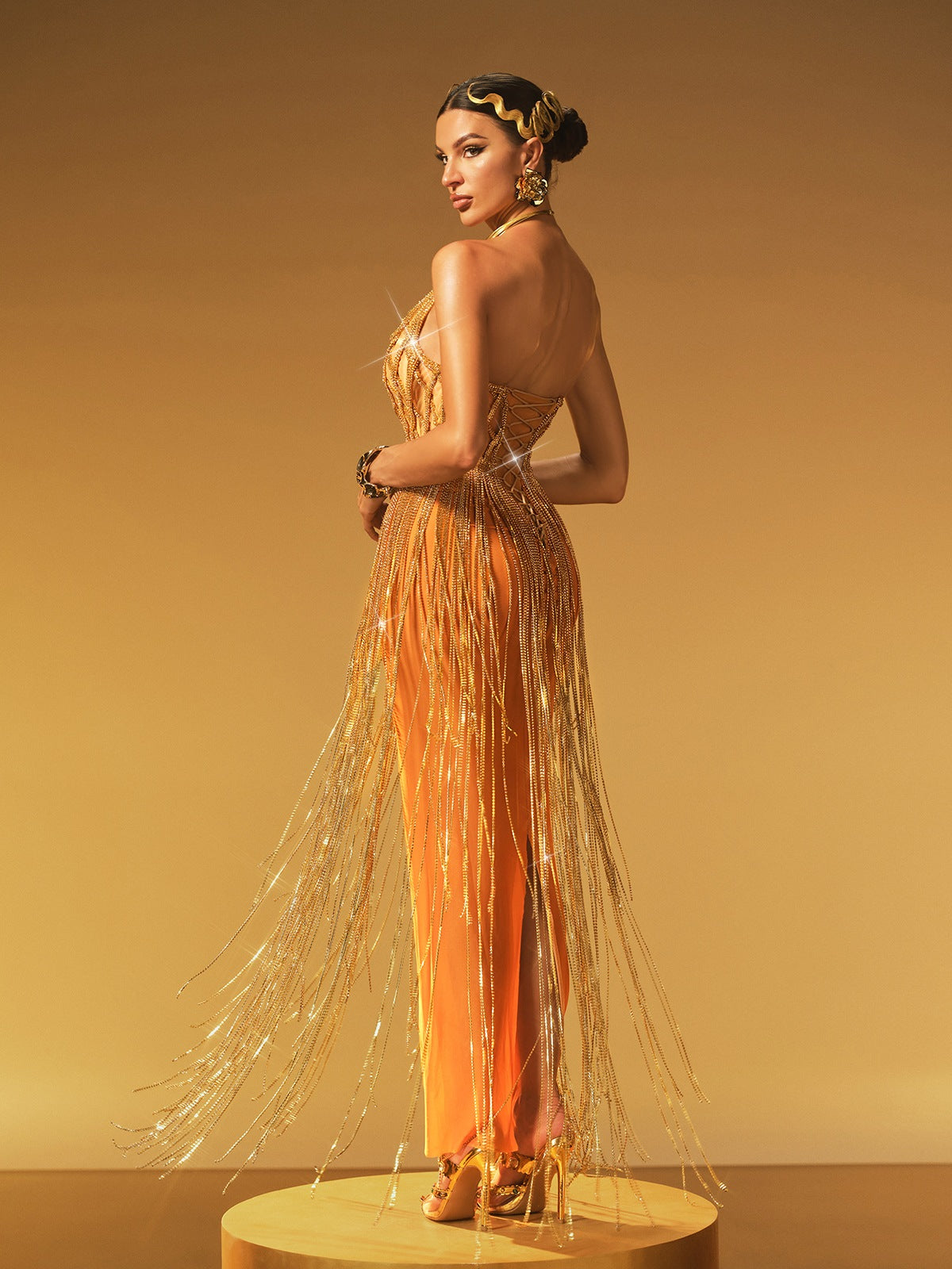 Jyrviel Strapless Chain Fringe Mesh Maxi Dress