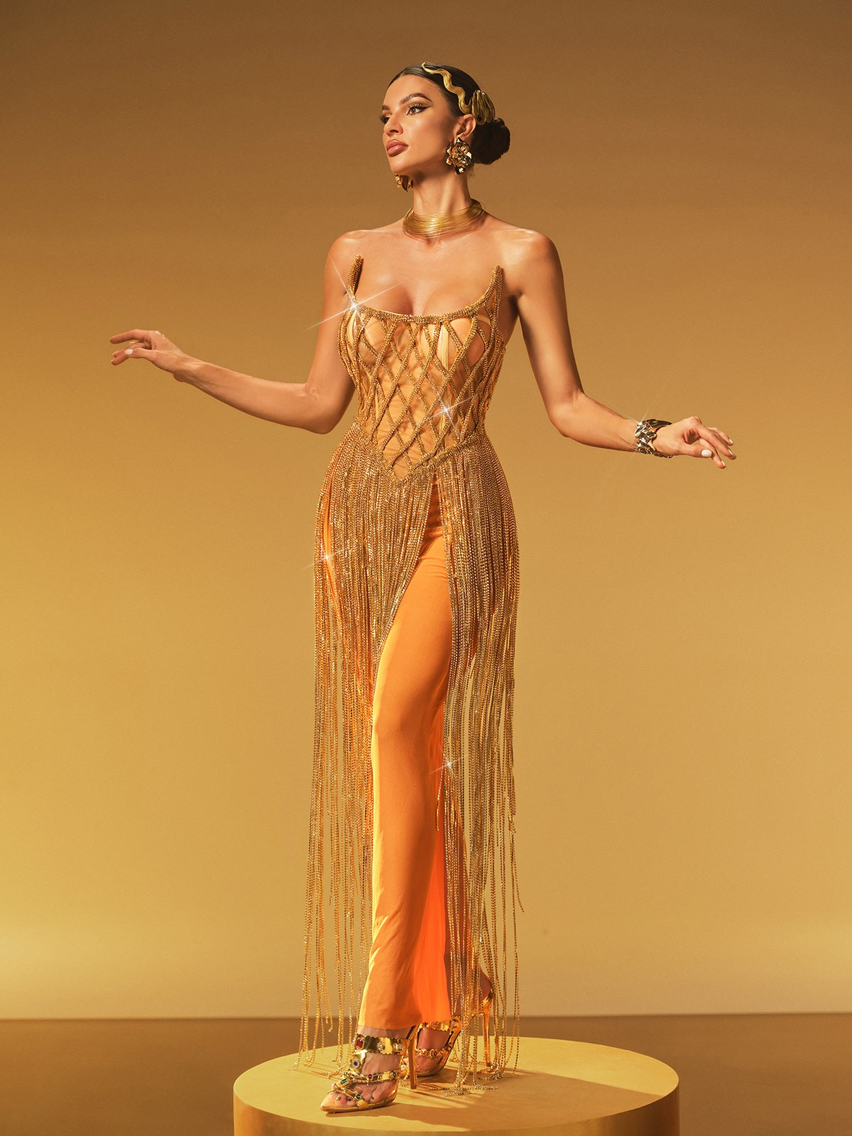 Jyrviel Strapless Chain Fringe Mesh Maxi Dress