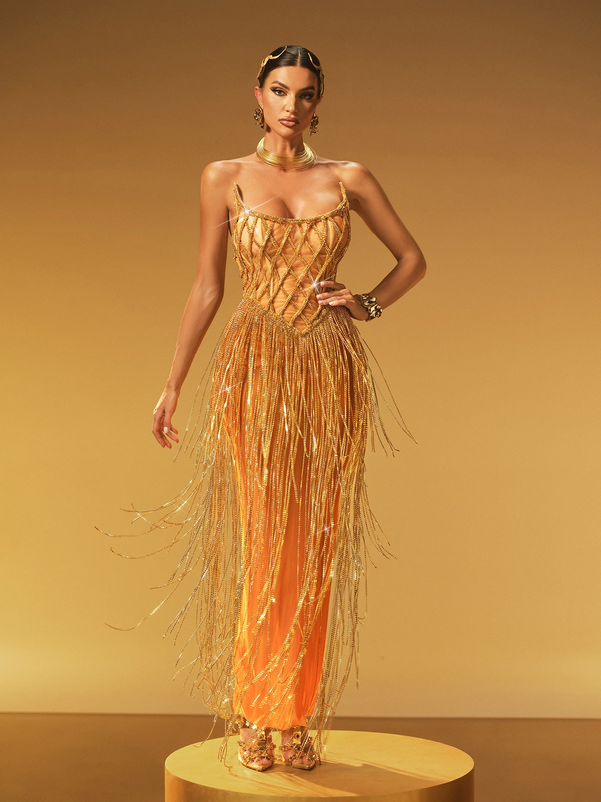 Jyrviel Strapless Chain Fringe Mesh Maxi Dress