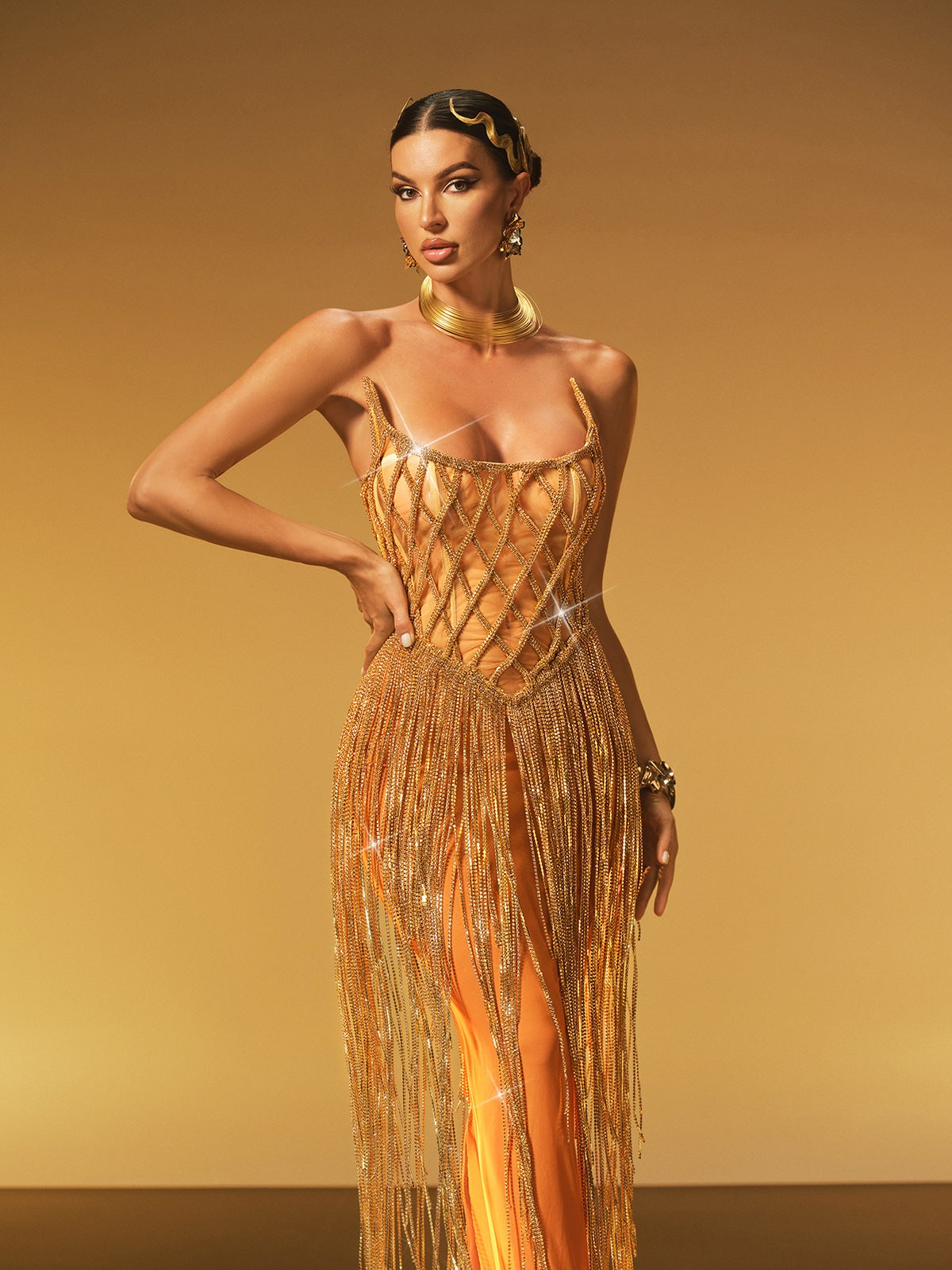 Jyrviel Strapless Chain Fringe Mesh Maxi Dress