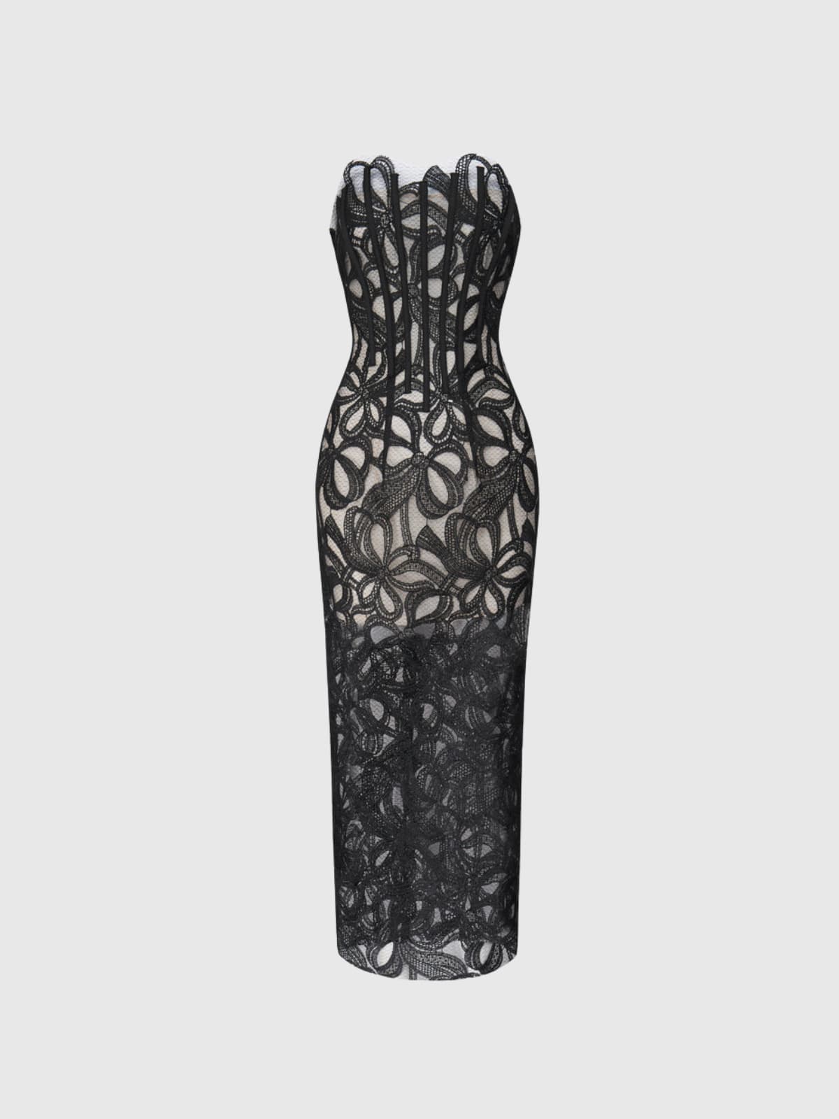 Kabibe Strapless Flower Embroidered Midi Dress