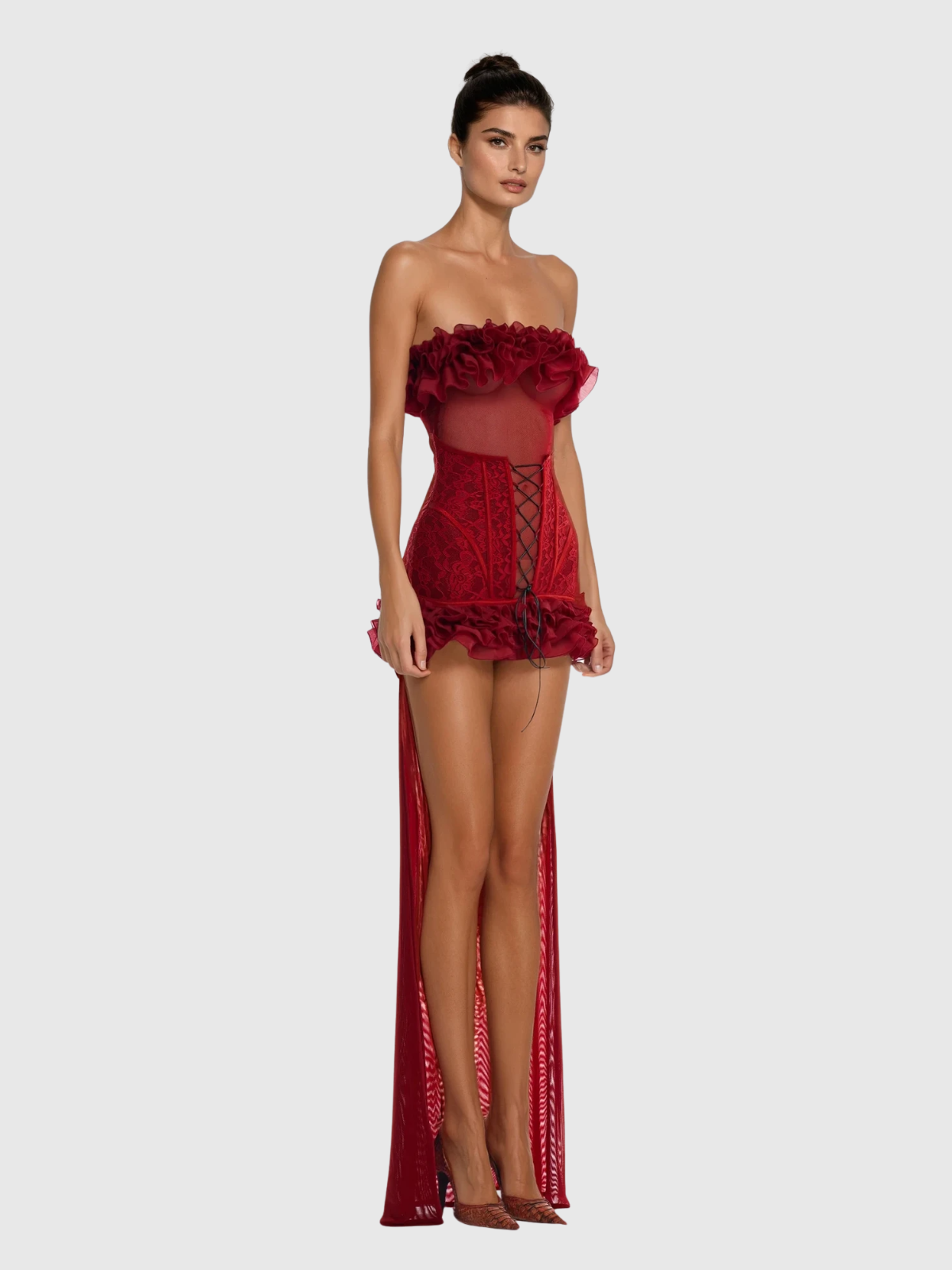 Kacia Strapless Ruffle Mesh Maxi Dress